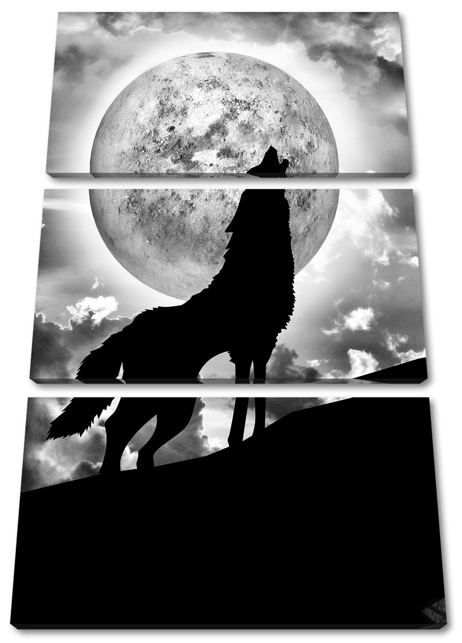 Pixxprint Leinwandbild Wolf heult Mond an, Wolf heult Mond an 3Teiler (120x80cm) (1 St), Leinwandbild fertig bespannt, inkl. Zackenaufhänger