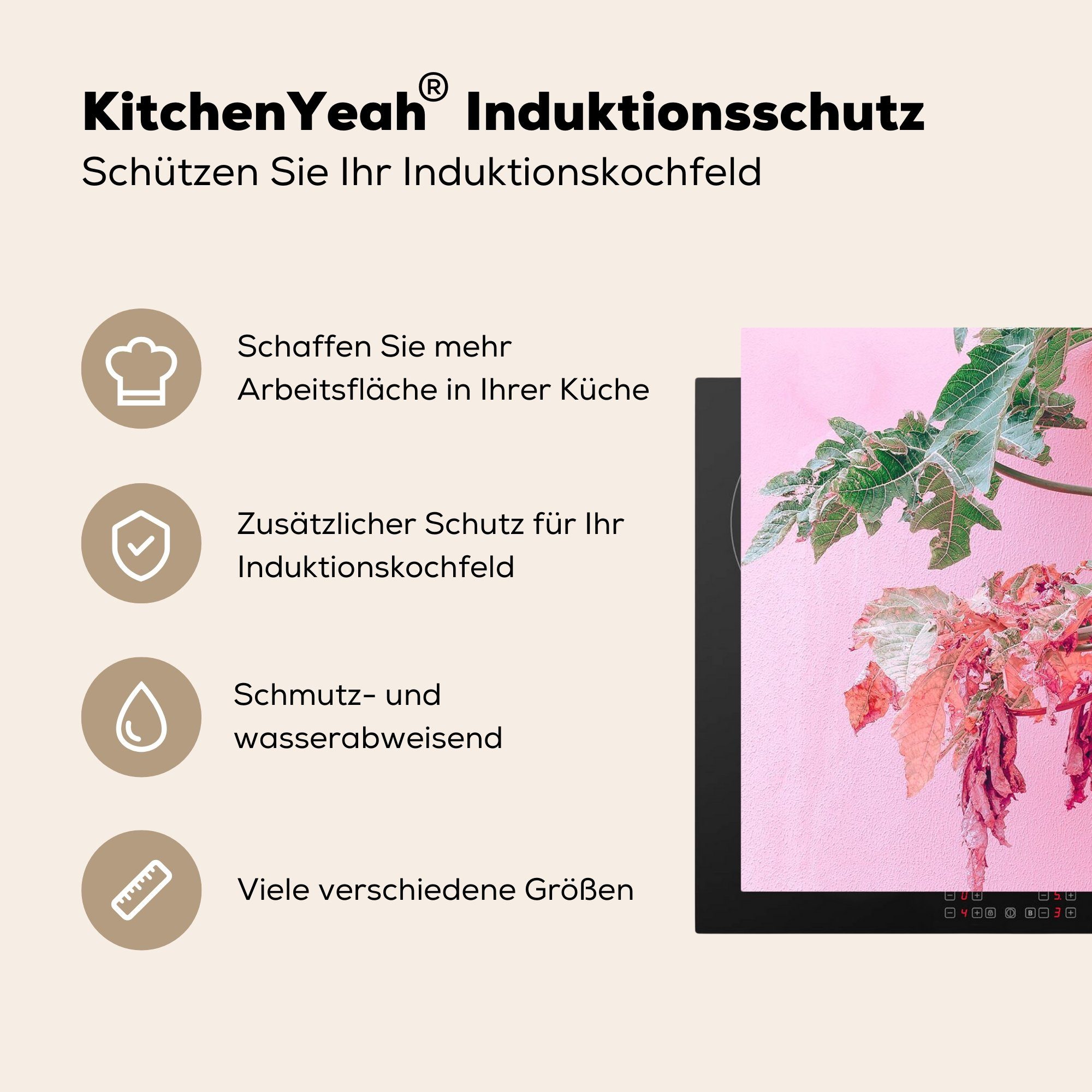 - Ceranfeldabdeckung, küche 81x52 Rosa tlg), für (1 Tropisch - - cm, MuchoWow Herdblende-/Abdeckplatte Sommer, Palme Arbeitsplatte Vinyl,