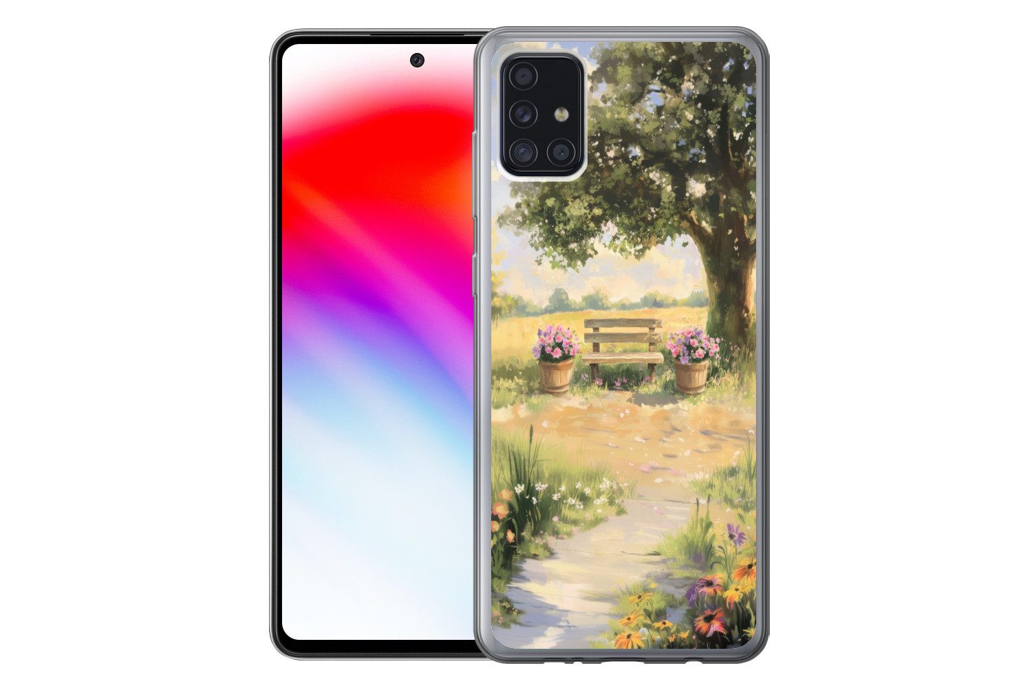 MuchoWow Handyhülle für Samsung Galaxy A52 5G Holzbank - Blumentöpfe - Landschaft, Smartphone-Bumper, Print, Handy Schutzhülle Dünn