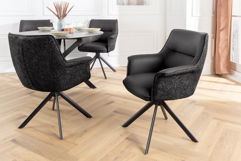 riess-ambiente Drehstuhl LE GRAND schwarz – Echtleder, Strukturstoff, 180° drehbar, m. Armlehne (Einzelartikel, 1 St), mit Metallgestell & Auto-Return-Funktion – ideal für Deinen Esstisch