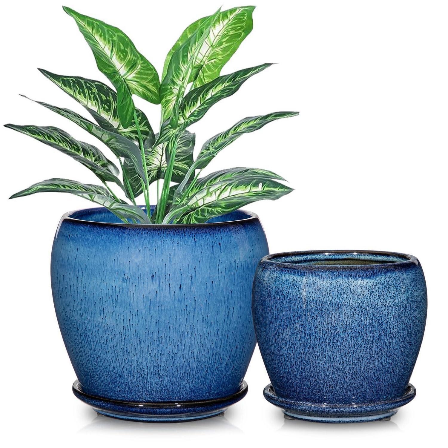 LuxusKollektion Übertopf Übertopf Keramik 2er Set 15cm 12cm Drainageloch Untersetzer Blau-2