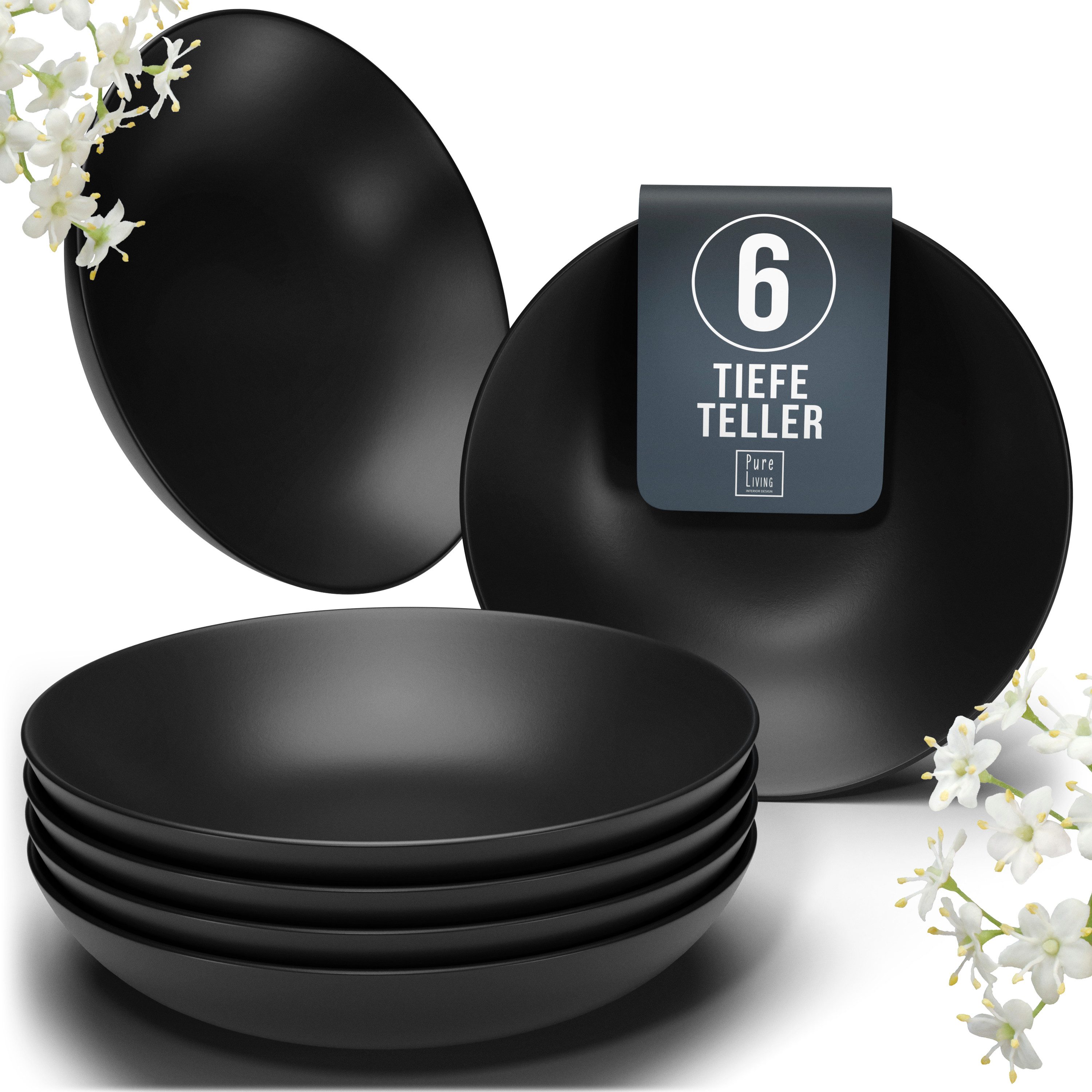 PURE LIVING INTERIOR DESIGN Geschirr-Set Suppenteller 6er 20cm »Manhattan«, Steingut Schwarz (6-tlg), 6 Personen, Steingut