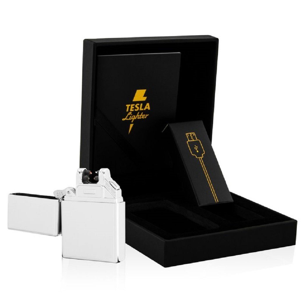 Feuerzeug Feuerzeug, das Lichtbogenfeuerzeug der Zukunft, Geschenkidee mit "Klick" Zippo Effekt, inkl. schöner Geschenkverpackung und ein USB-Ladekabel, Feuerzeug braucht nur Strom kann immer wieder aufgeladen werden, elektrisches Feuerzeug, USB-Feuerzeug als Geschenkidee
