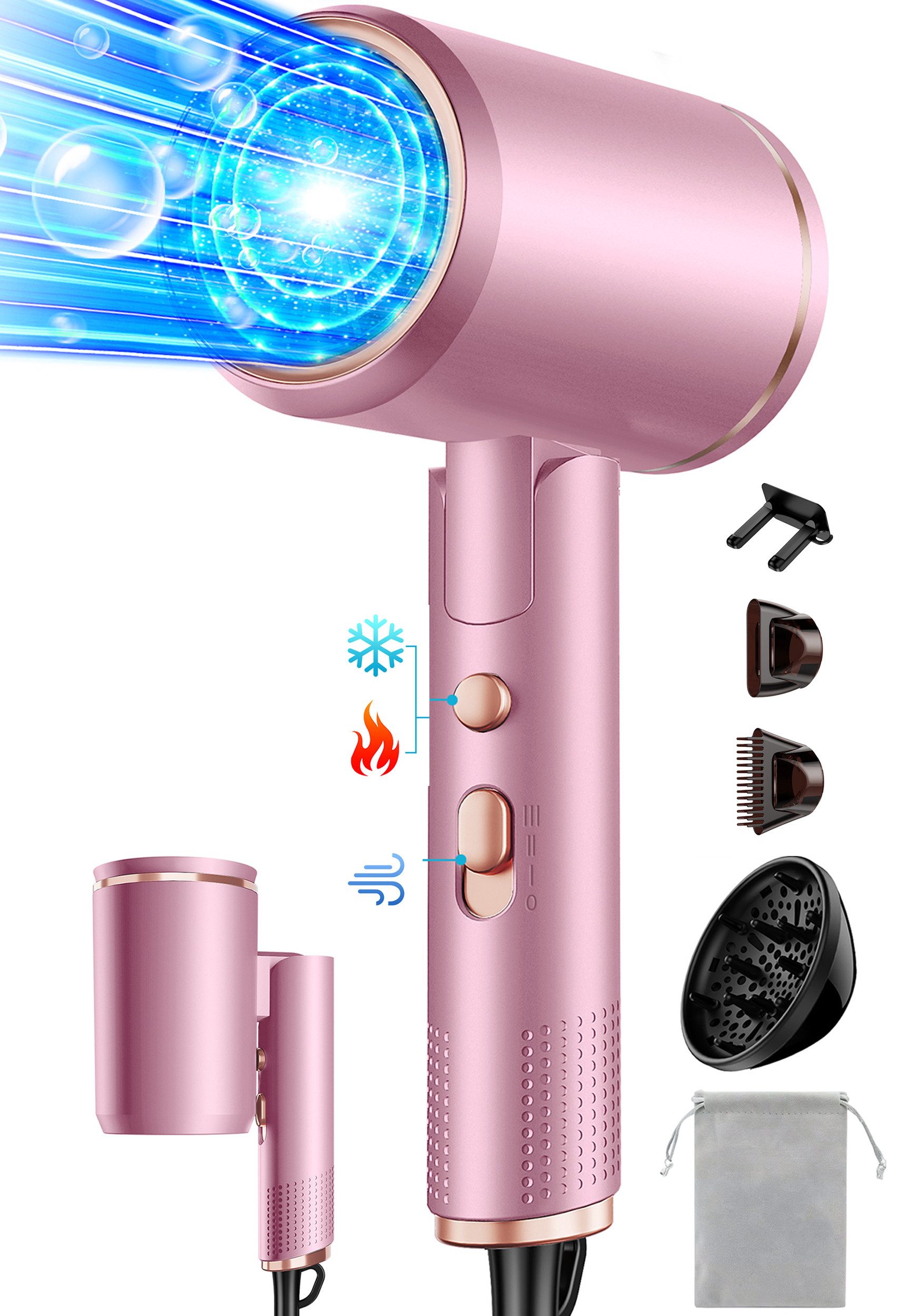 Fyrove Ionic-Haartrockner Föhn,Ionen-Haartrockner 2500W, klappbar, 3 Stylingdüsen, 2400 W, 2 Gebläsestufen, Reise-Föhn, Reiseföhn Hairdryer