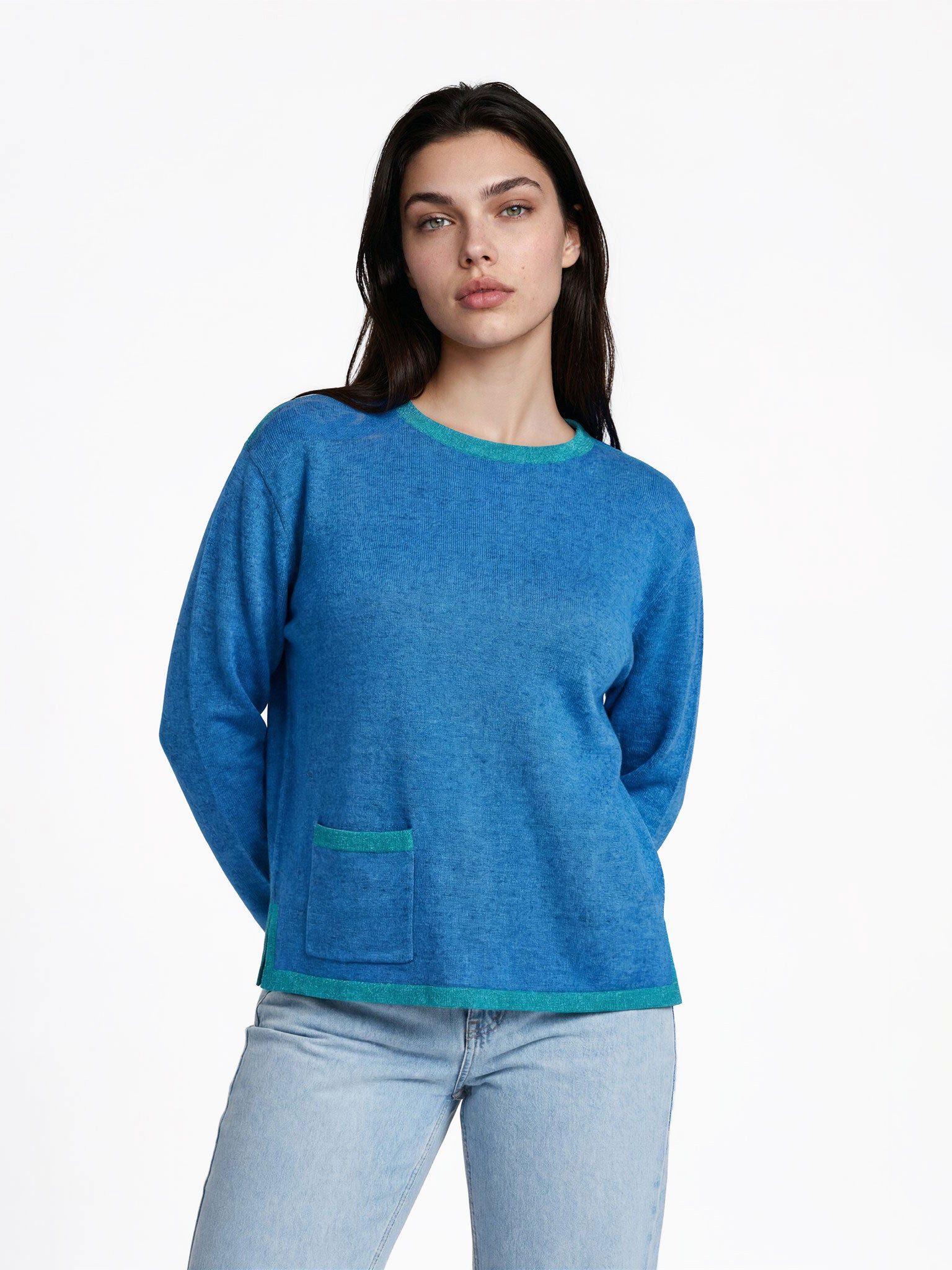 FRISTED Sweater Damen Bio-Baumwolle Rundhals Kontrastdetails Relaxed Fit Melange-Pullover mit aufgesetzter Tasche und seitlichen Schlitzen