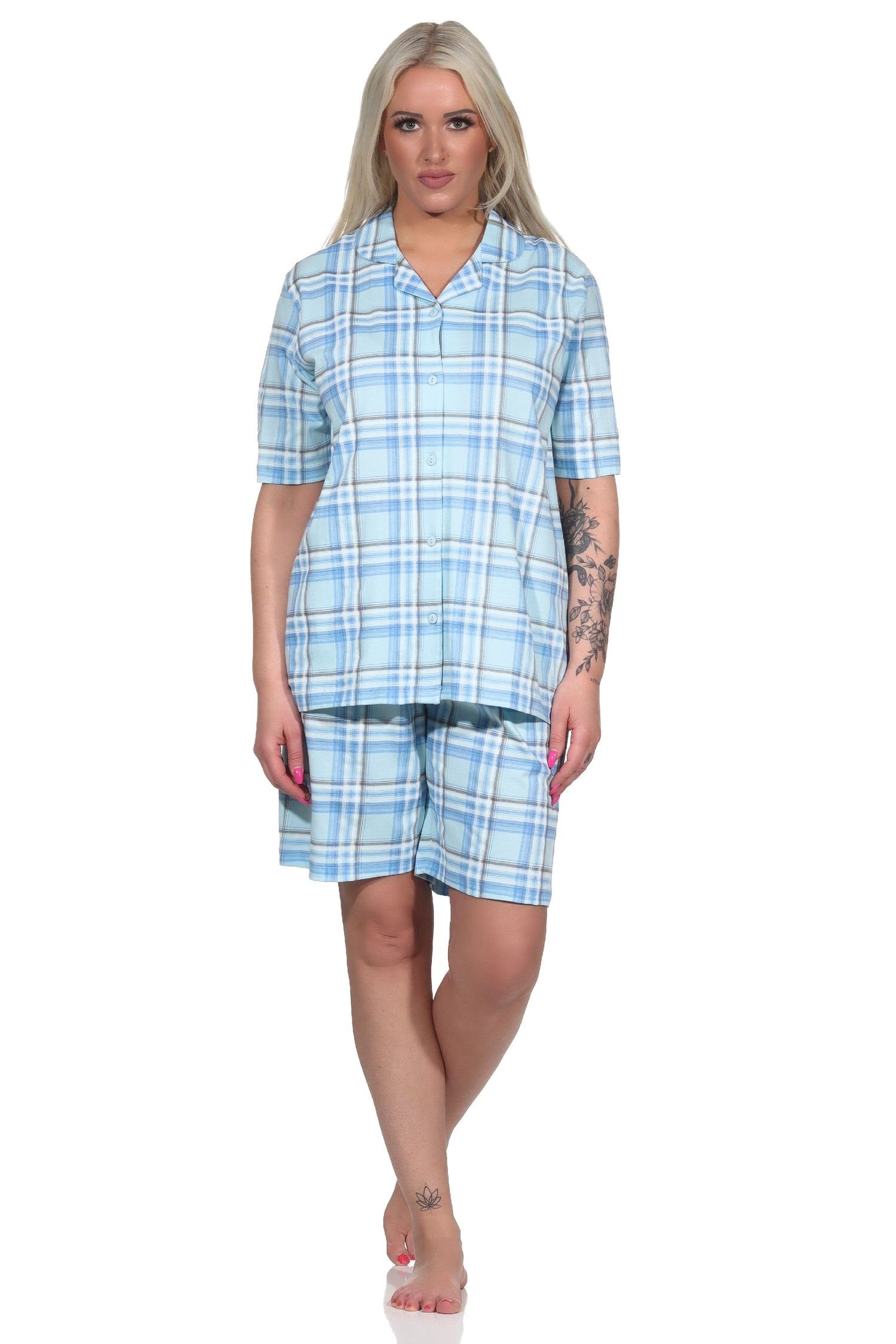 Normann Pyjama Damen kurzarm Shorty Pyjama aus Jersey zum durchknöpfen in Karo-Optik helltürkis | Shortys