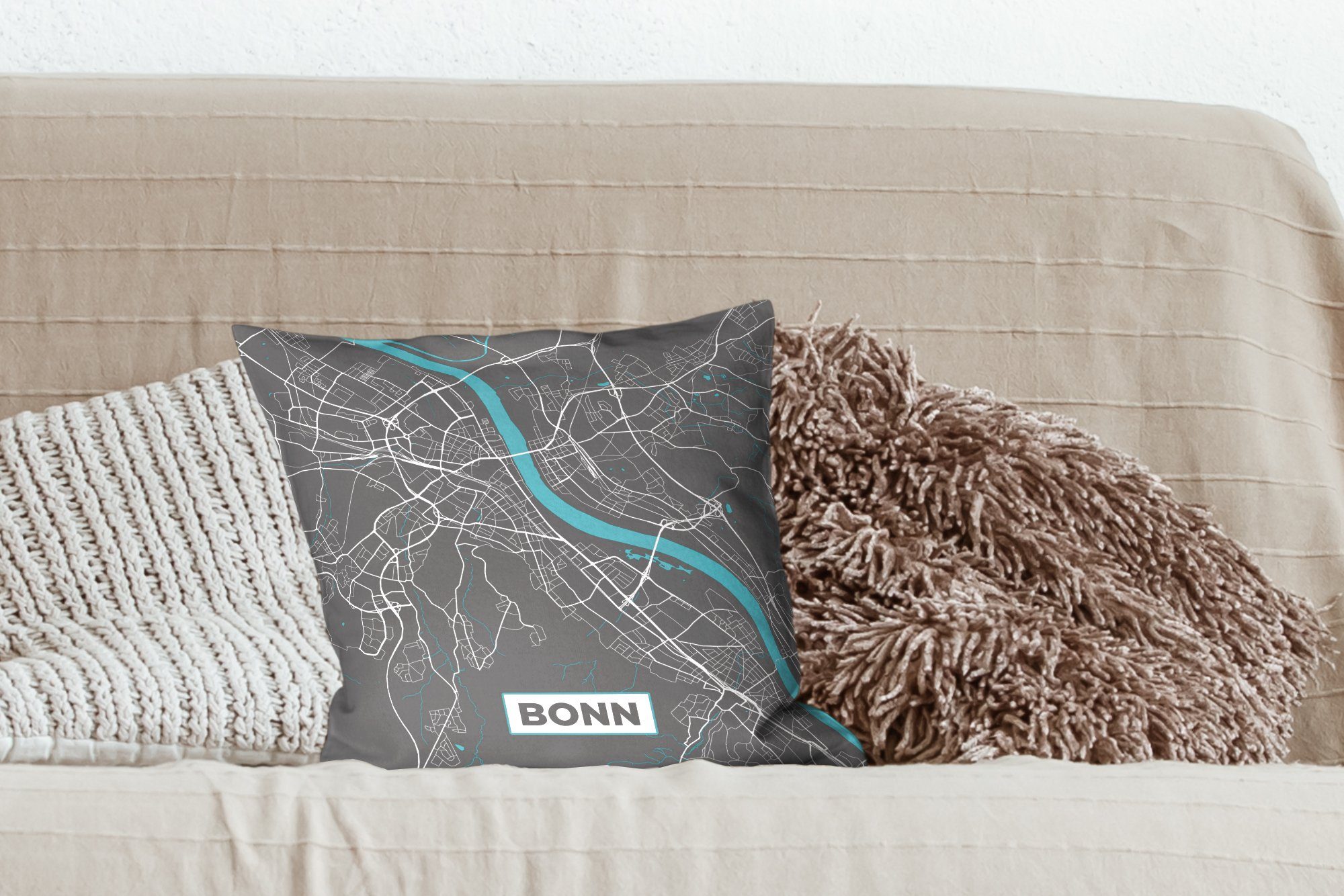 für Schlafzimmer, Karte, - Deko, Deutschland Wohzimmer, - Stadtplan mit Füllung Bonn Zierkissen - Blau - MuchoWow Sofakissen Dekokissen