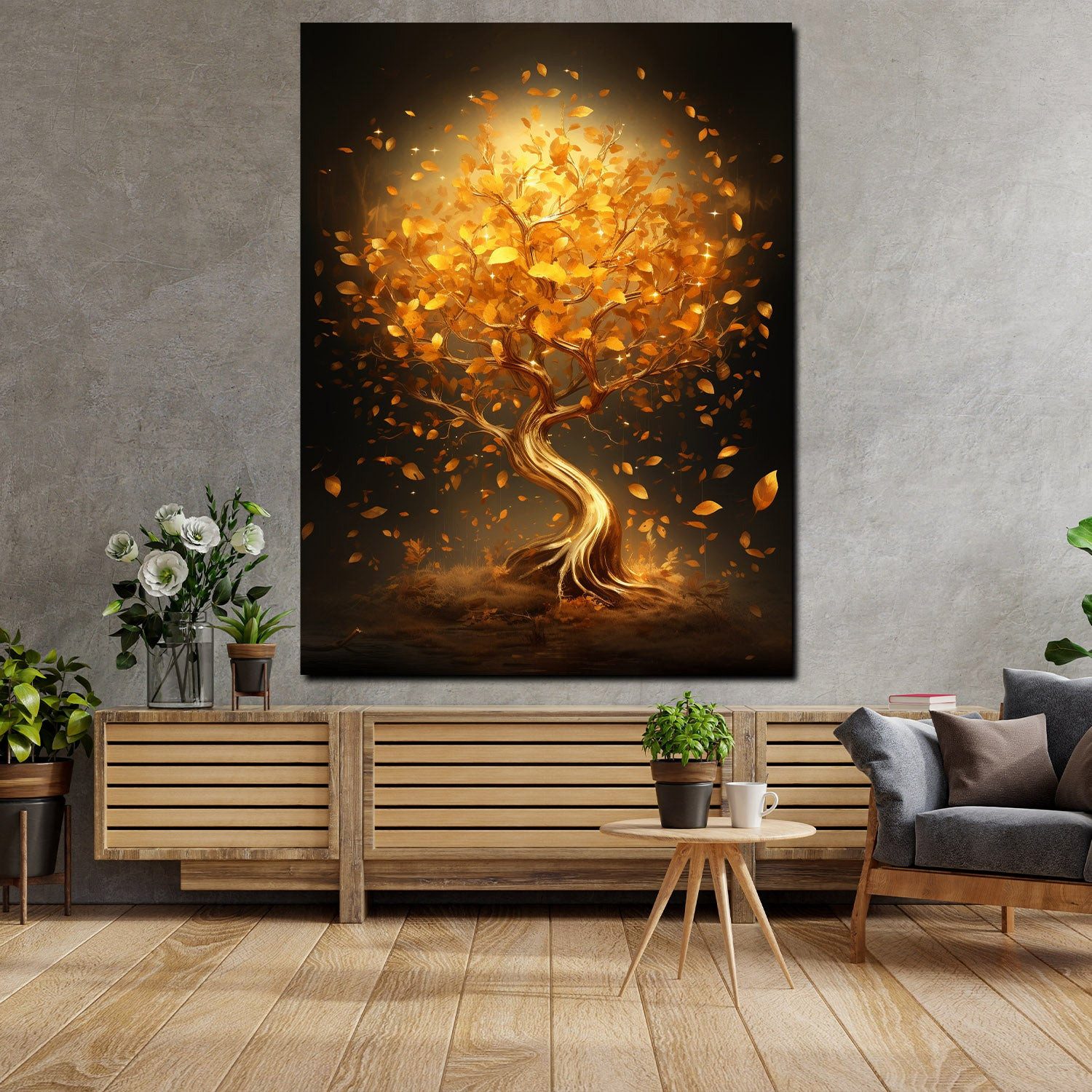 Artedinoi Leinwandbild Goldener Baum leuchtende Blätter edel Leinwandbild Kunstdruck XL Deko, Baum mit goldenen Blättern