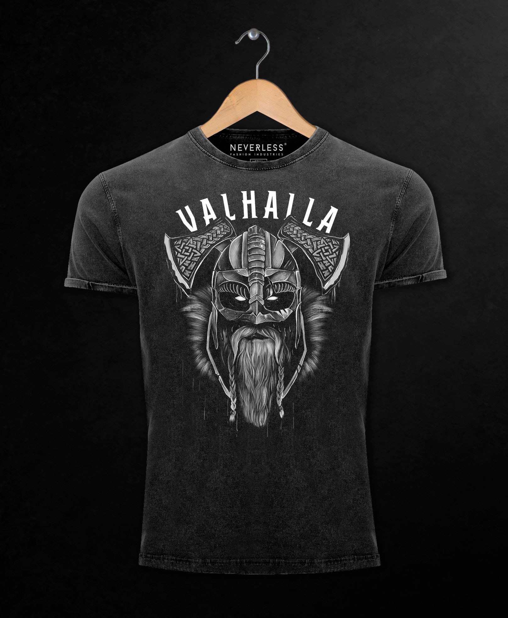 Neverless Print-Shirt Herren Vintage Shirt Valhalla Wikinger Helm Viking Odin Krieger mit Print