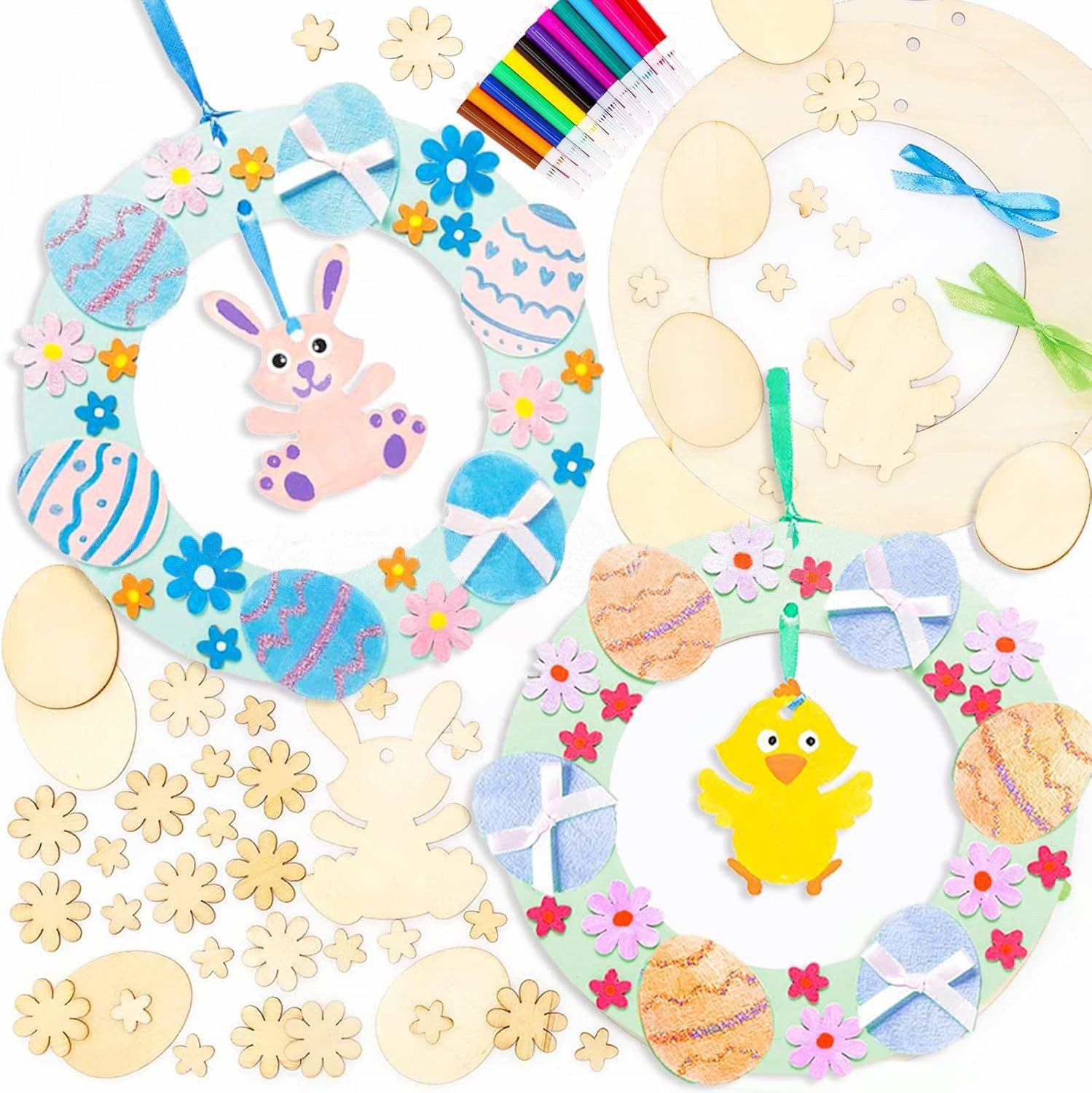 Kunstkranz 2/8 Stück Oster Kinder DIY Kranz Kit, Oster Kranz Bastelkit, CLTYQ, Kaninchen Ei Oster Kunst Kranz Kit