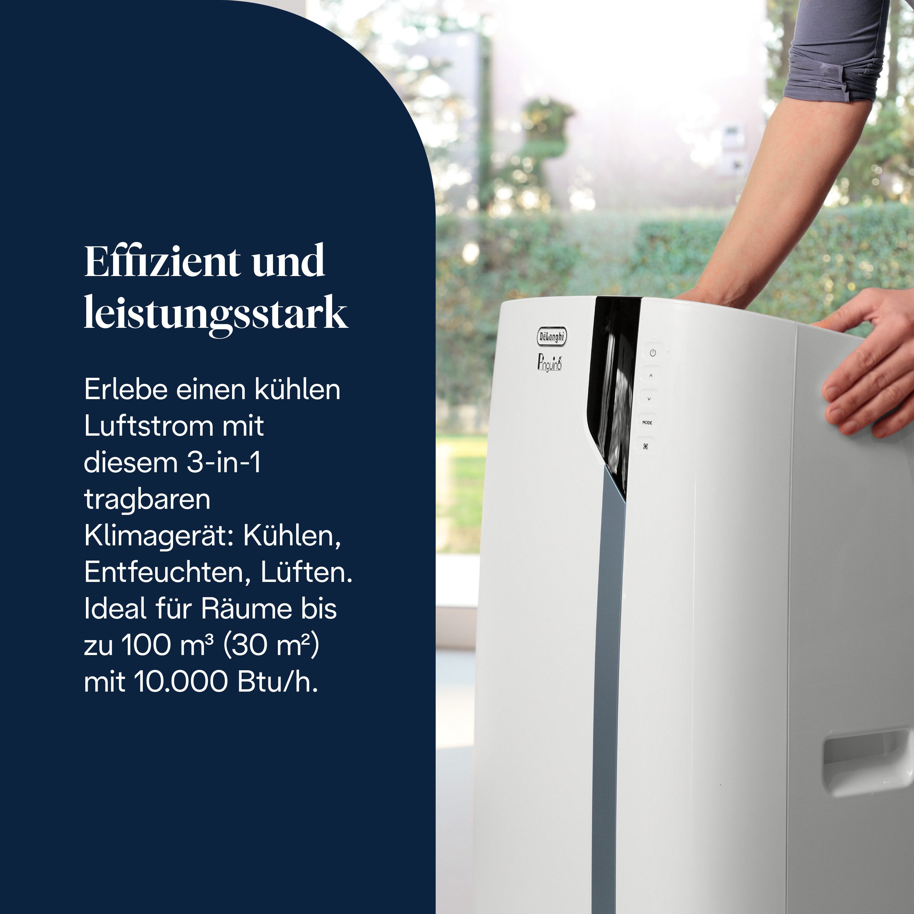 De'Longhi 3-in-1-Klimagerät Pinguino EX105 – der Energieeffizienteste, 30m² Räume, A+++, 10.000 BTU/h, 2,5Kw, Luftentfeuchtermodus, 63dB