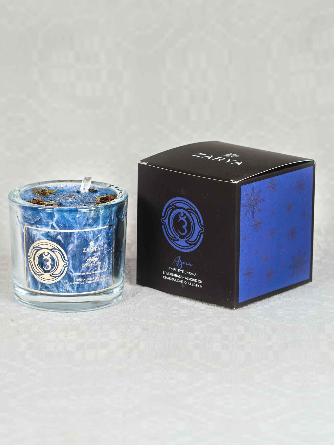 Duftkerze Chakra–Duftkerze edler Glasbehälter Bio-Stearin, Geschenkverpackung chakrana Blau aus mit