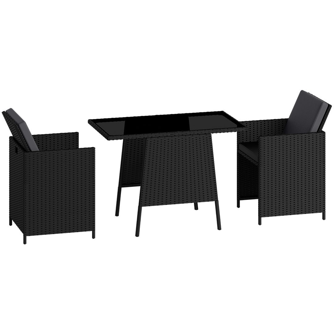 STEELSØN Gartenlounge-Set Xenara 3-teilig mit 2 Stühlen und Tisch, (schwarz/anthrazit, platzsparende Sitzgruppe), Rattan Outdoor Essgruppe, klappbare Stühle mit Sitzkissen