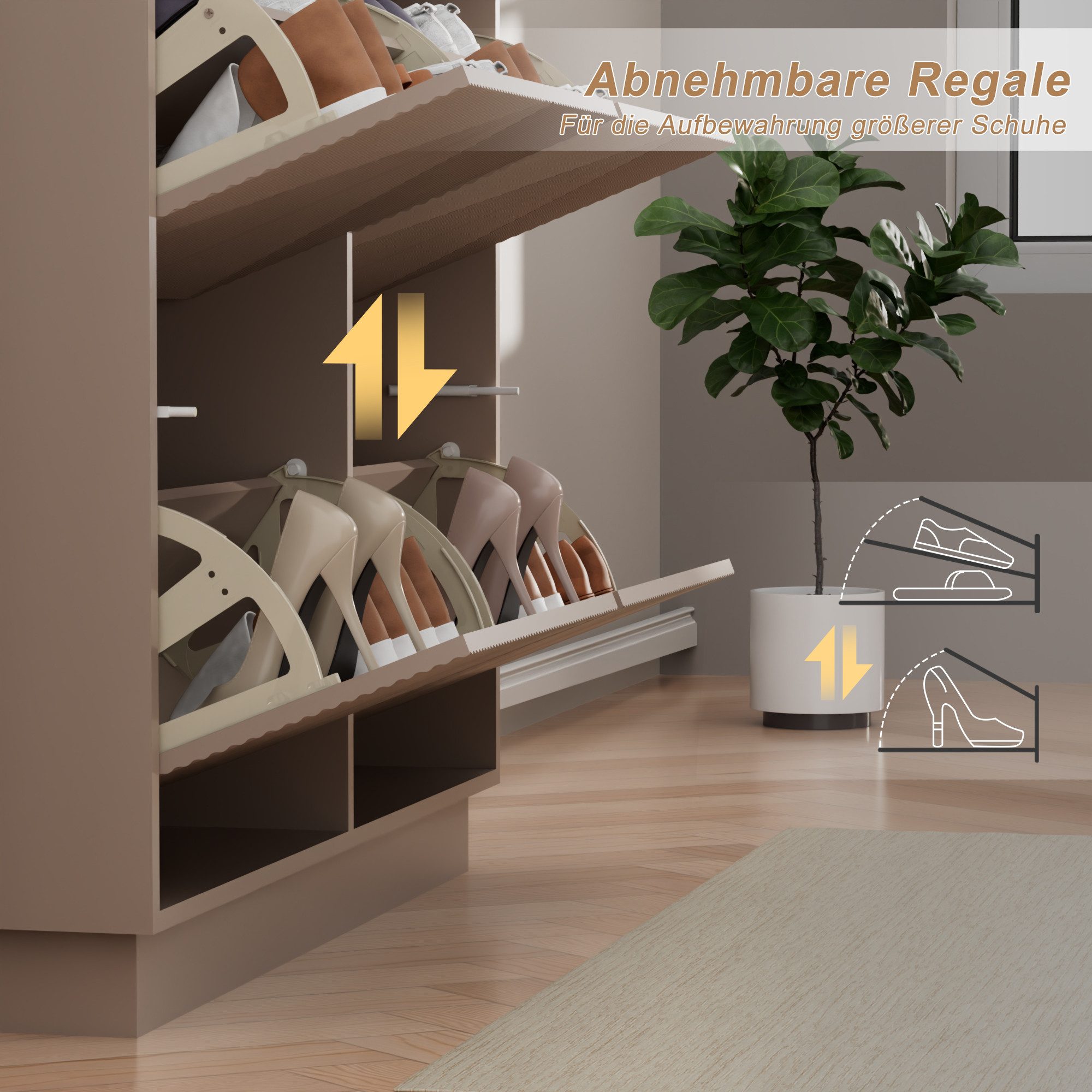 UEV Schuhschrank schmaler Schuhschrank mit 4 Klappen, Schukipper Schuhregal 100x24x91cm Schuhkommode mit Kippschutz & Drucktür & Verstellbarer Trennwände – Bild 4 von 5
