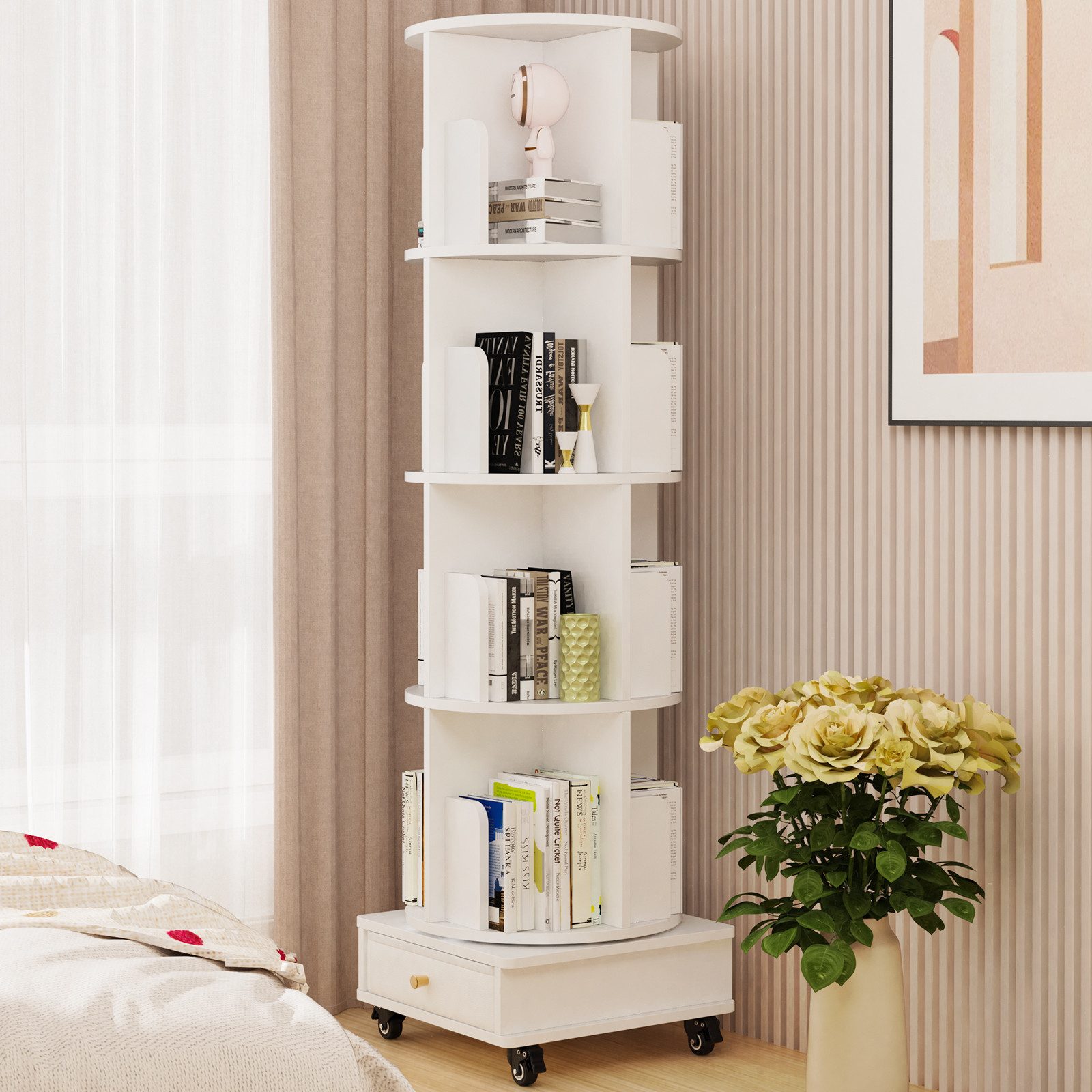 JEOBEST Bücherregal Drehbares Bücherregal, Rollende Bücherregale auf Rädern, 5-stöckiges mit Schublade, 360-Grad-Display, Multifunktionaler – Bild 2 von 5