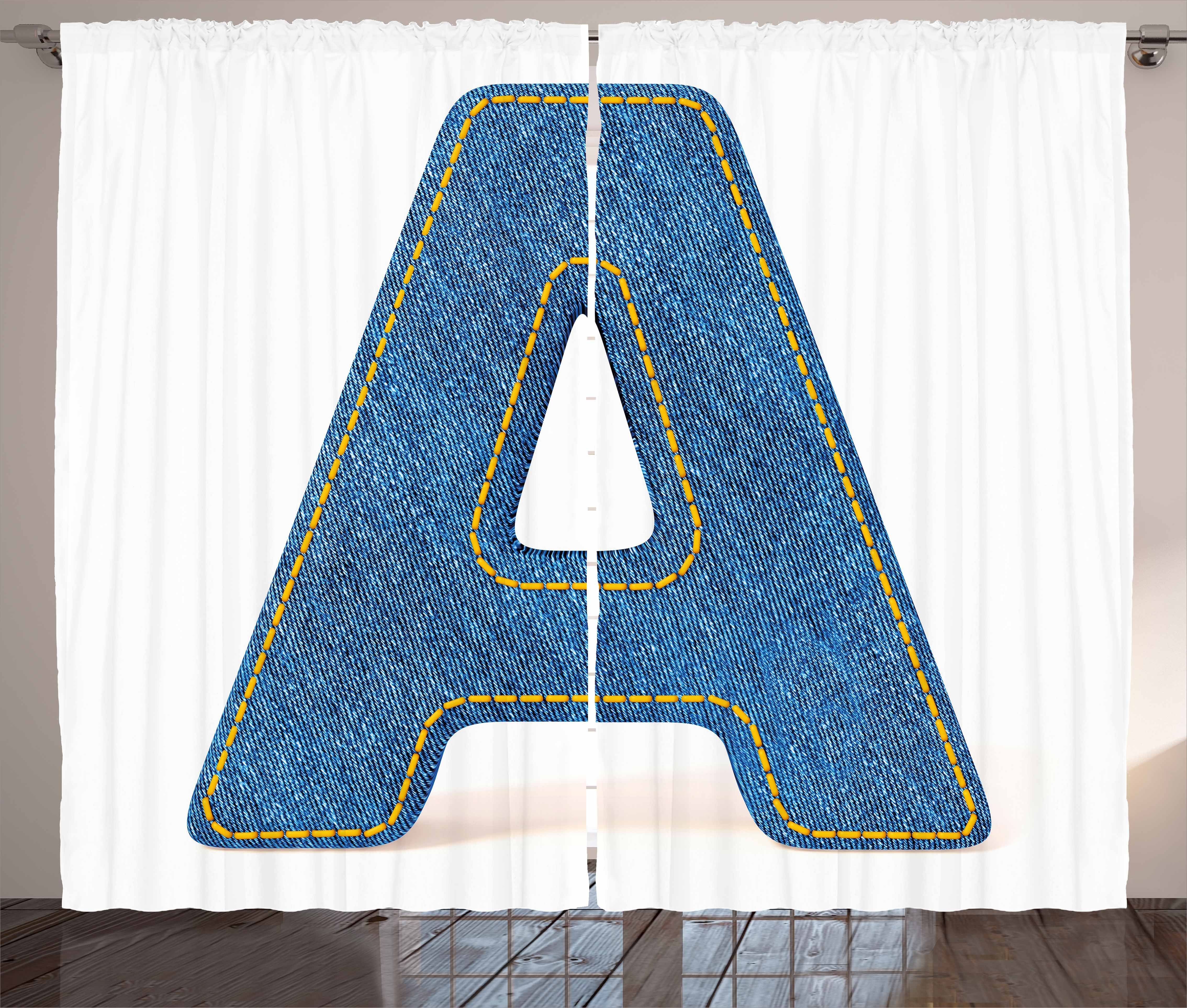 Gardine Schlafzimmer Schlaufen mit Abakuhaus, Haken, Versalien- a Buchstabe und Vorhang Kräuselband Jeans Blau