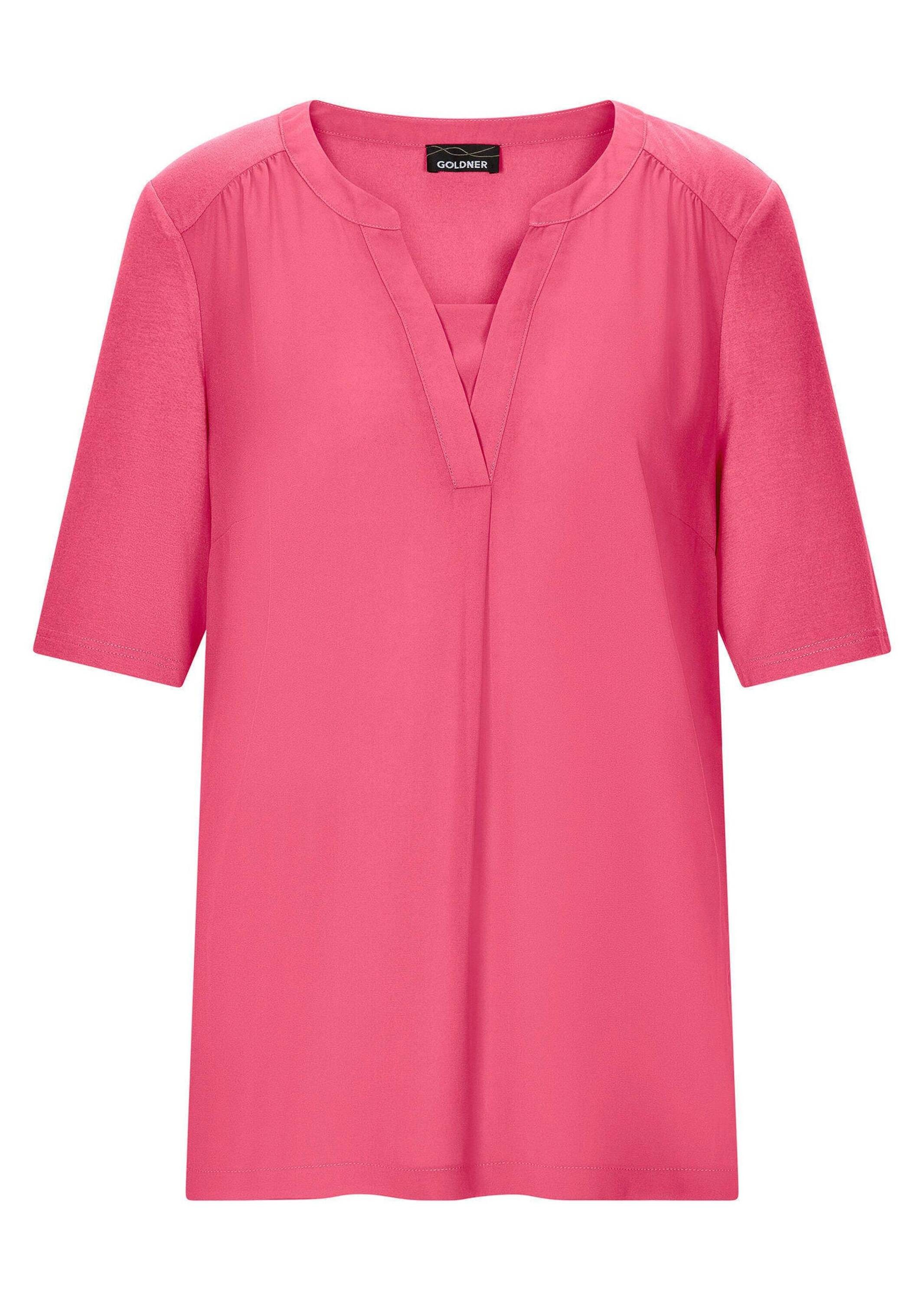 Shirtbluse Kurzgröße: Chiffonbluse mit Jersey-Rückteil