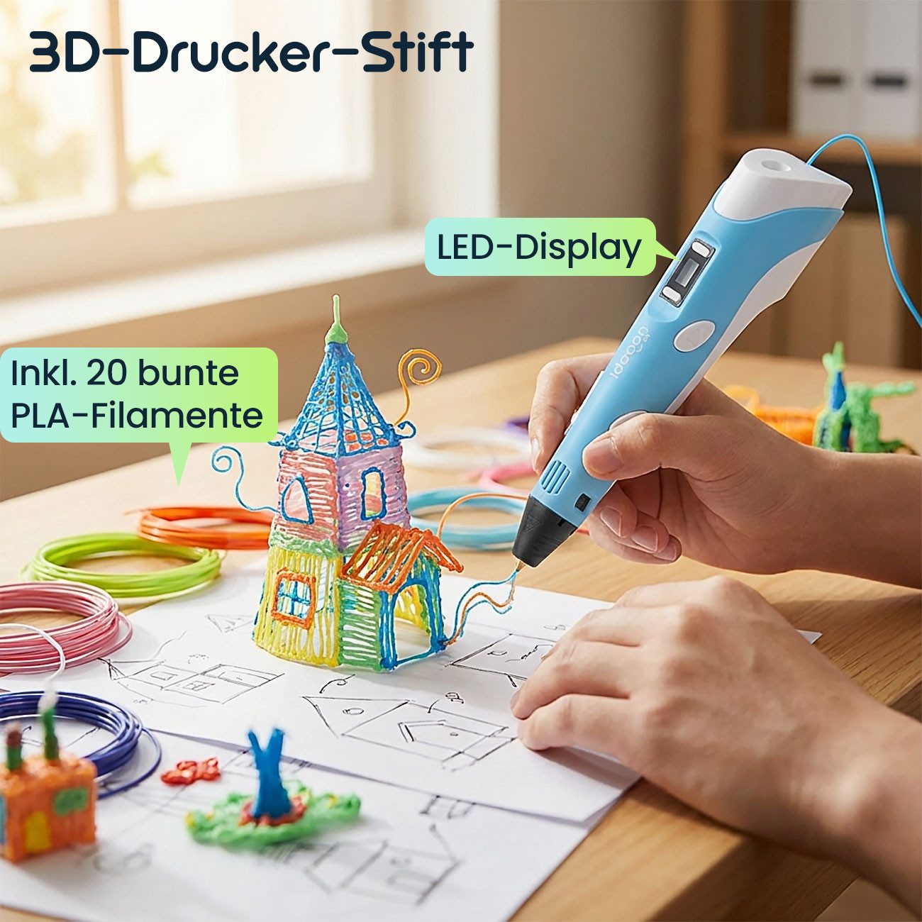 shop'n smile ideoon 3D-Drucker-Stift 3D-Drucker-Stift Set mit USB 3D-Stift inkl. 20 bunten PLA-Filamenten, Keramik-Düse, 170-235°C, inkl. 20x 5m PLA-Filament & USB