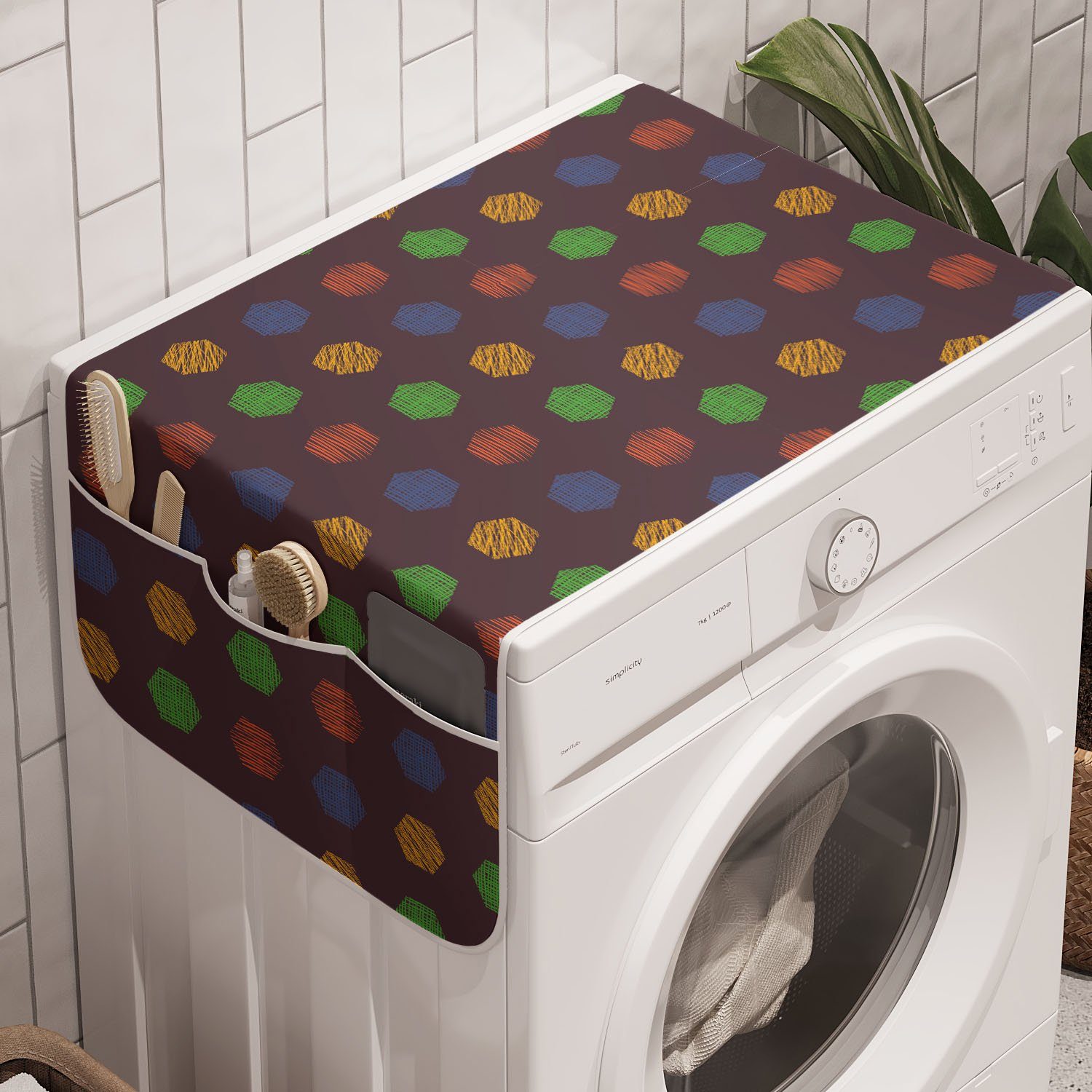 Waschmaschine und Trockner, Drawn Badorganizer Hand Hexagons Geometrisch Abakuhaus Anti-Rutsch-Stoffabdeckung für