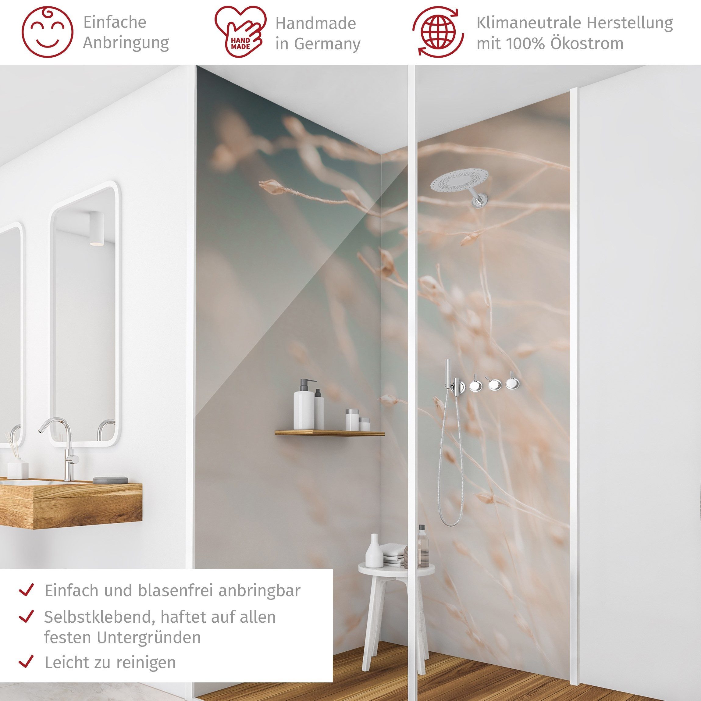 Thumbnail - Bilderdepot24 Badrückwand Landhaus beige Duschrückwand ohne Bohren Dusche Floral, (2-tlg., Hart-Folie Premium matt 0,61 ...