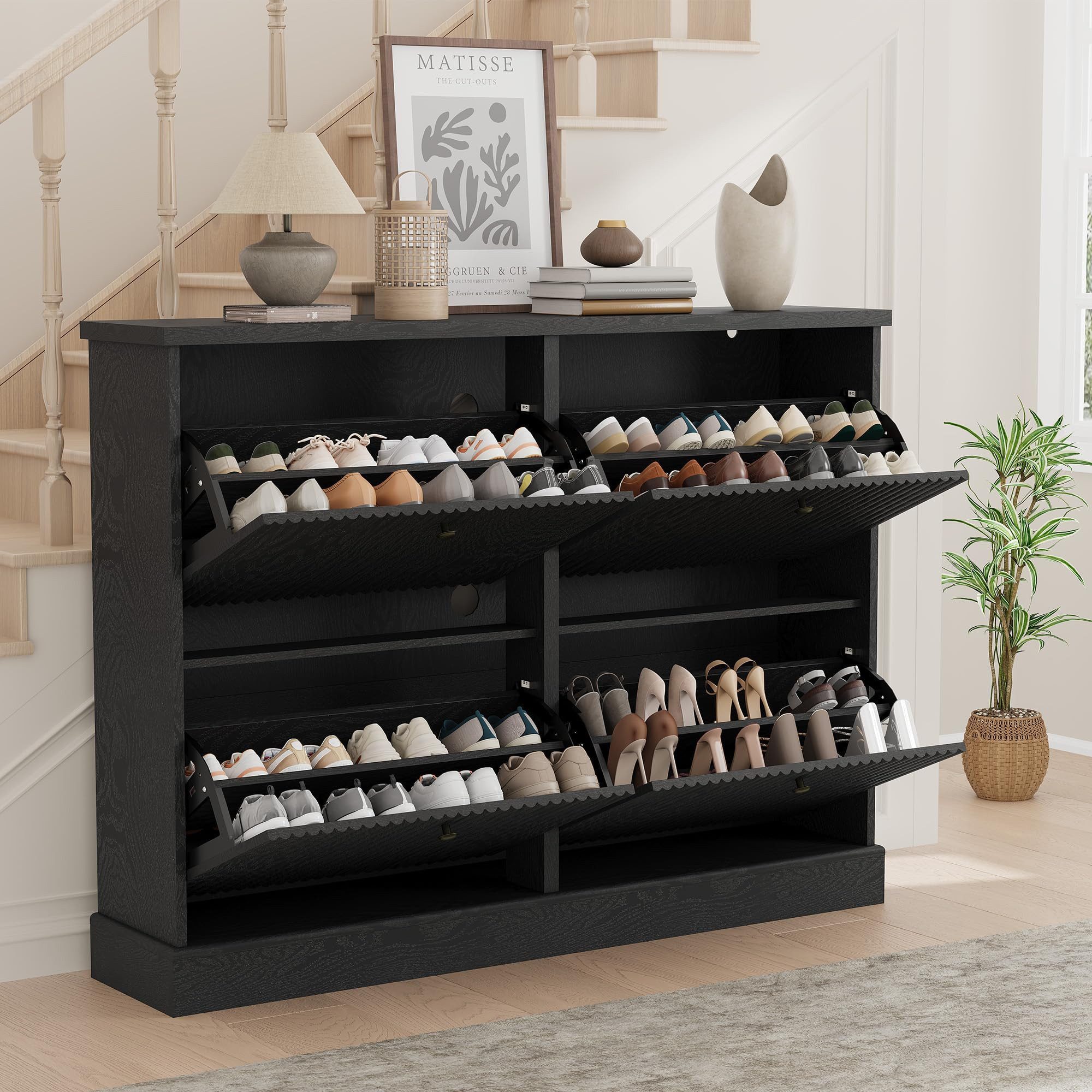 GarveeMore Schuhschrank Moderner Rillenprofil mit 4 Klappschubladen verstellbare Einlegeböden (1-St) 120x25x90cm Versteckter Schuhstauraum Schuhregal für 18–24 Paar Schuhe