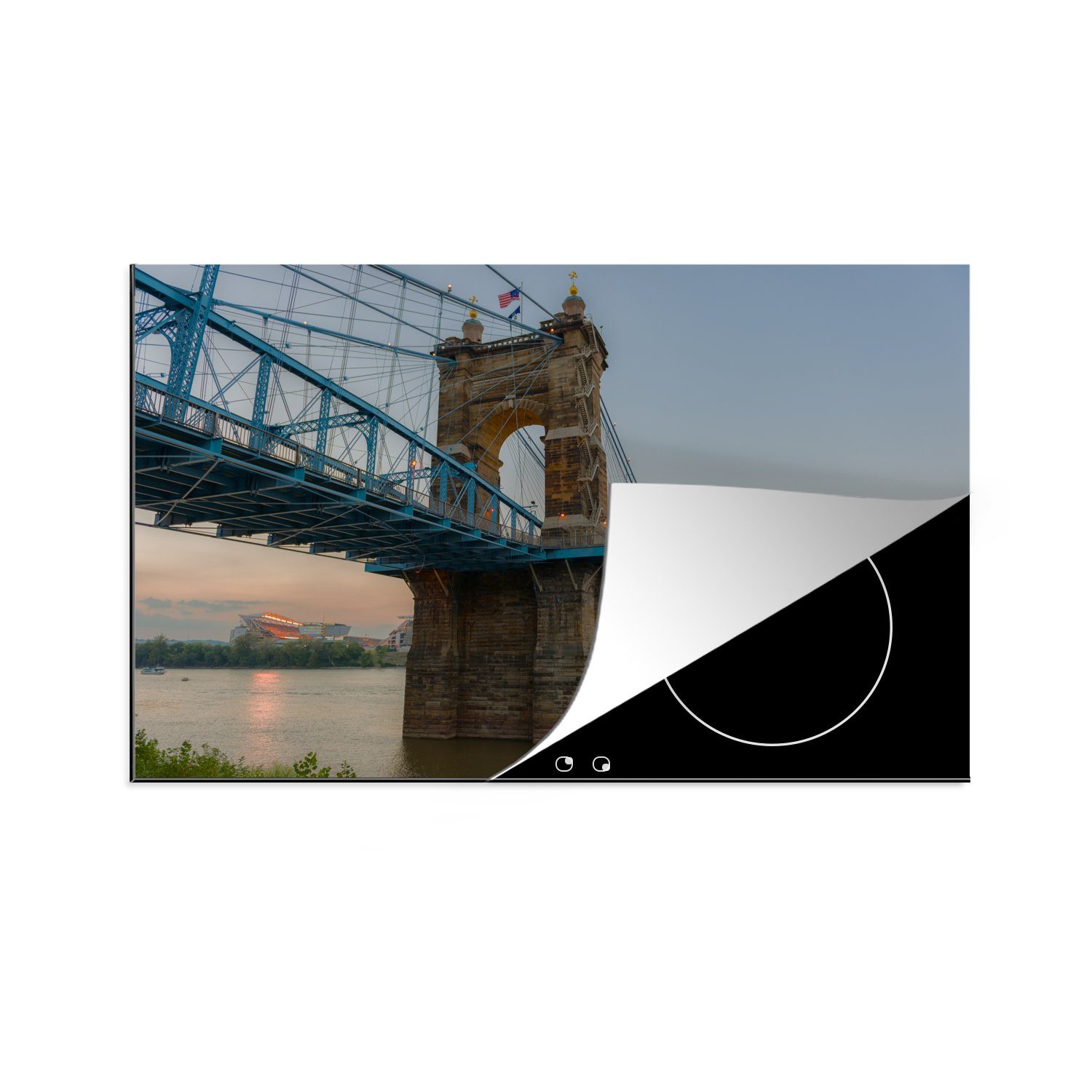 MuchoWow Herdblende-/Abdeckplatte Die John A. Roebling-Hängebrücke mit Blick auf die Stadt Cincinnati, Vinyl, (1 tlg), 81x52 cm, Induktionskochfeld Schutz für die küche, Ceranfeldabdeckung