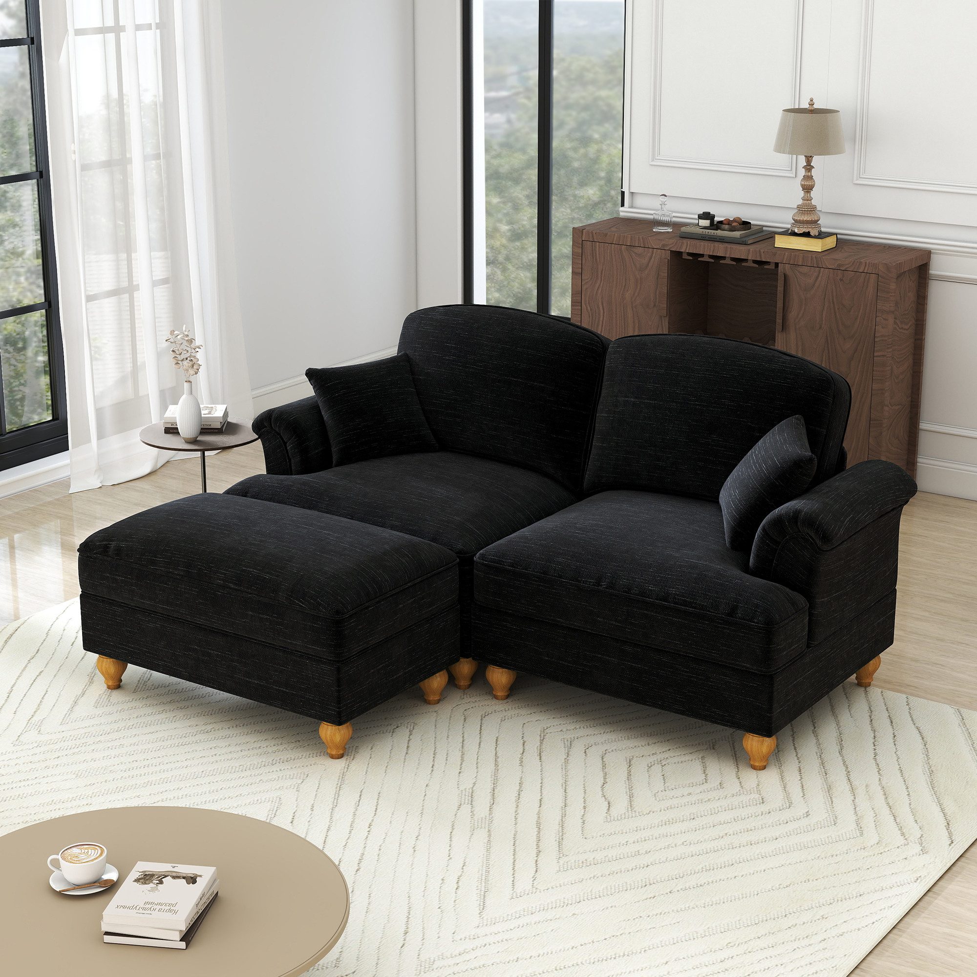 Leawin Sofa Modulares 2-Sitzer Chenille Sofa mit Schlaffunktion – Sofas Wohnzimmer, Mid-Century Sofa mit Hocker, flexibel kombinierbar, bequem & elegant