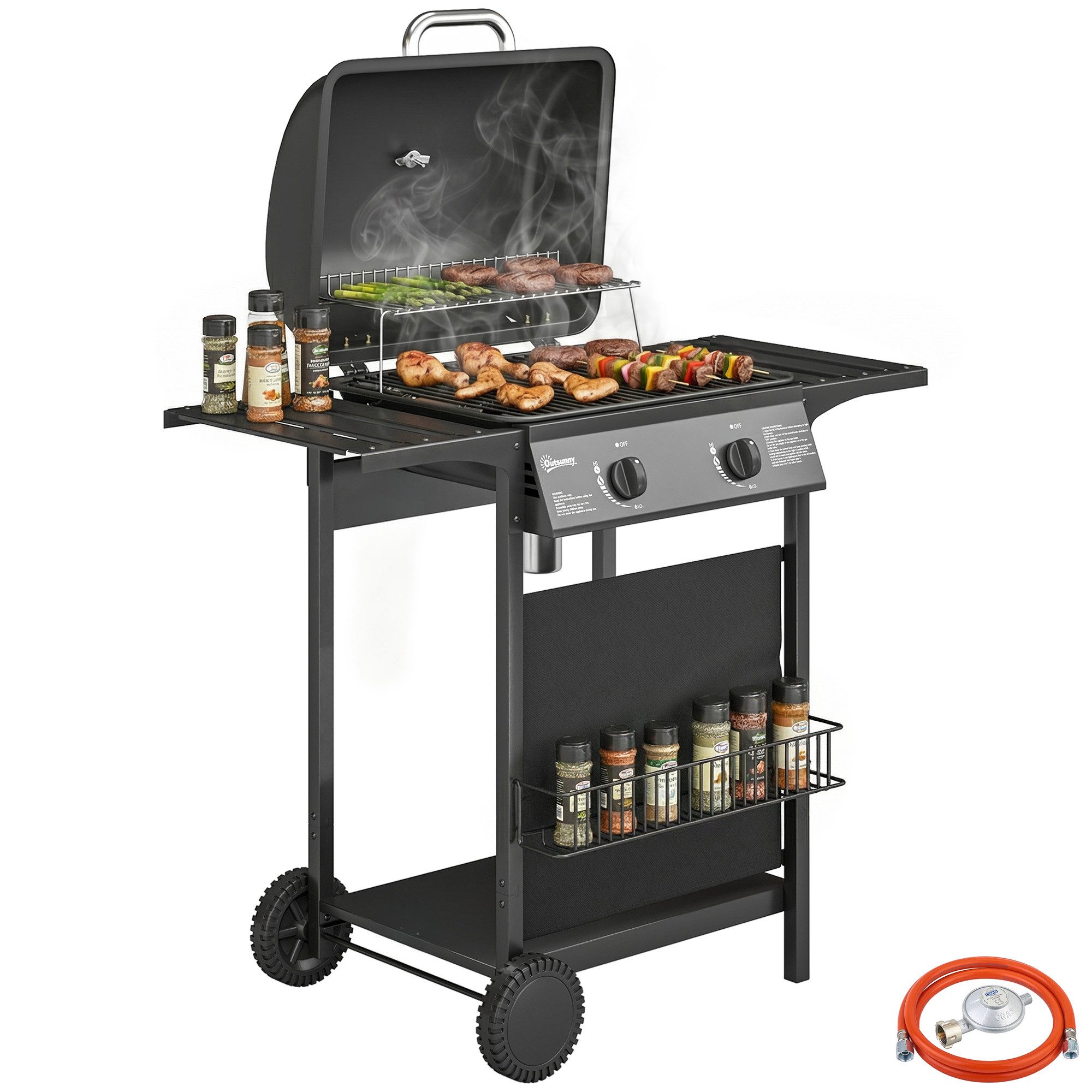 Outsunny Gasgrill inkl Seitentisch, Unterkorb, Frontabdeckung, Thermometer, Grillrost, Gas-Grill, Grillwagen, für Balkon Party