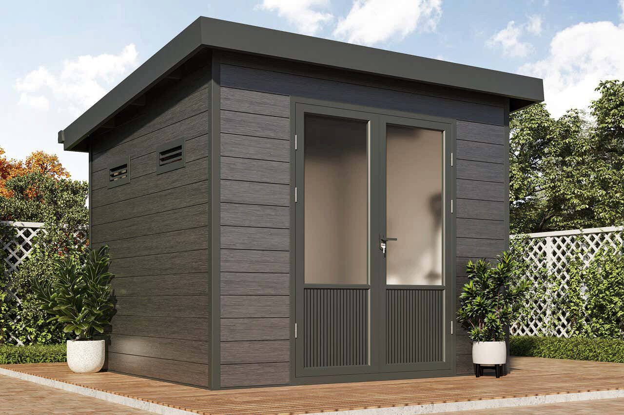 Finnhaus Wolff Gerätehaus Holz WPC Nives 2724 28 Anthrazit/Hellgrau, BxT: 300x277 cm, in Naturbelassen mit 28mm Wandstärke