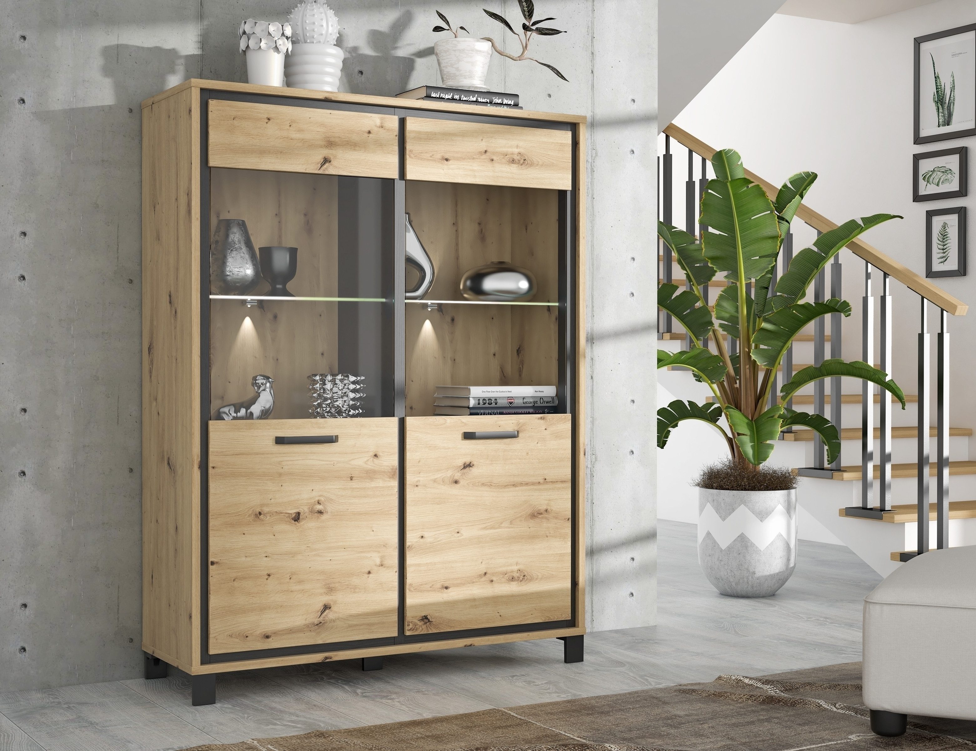 FORTE Highboard in schwarz,braun - 121,4x161x41,5cm (BxHxT)