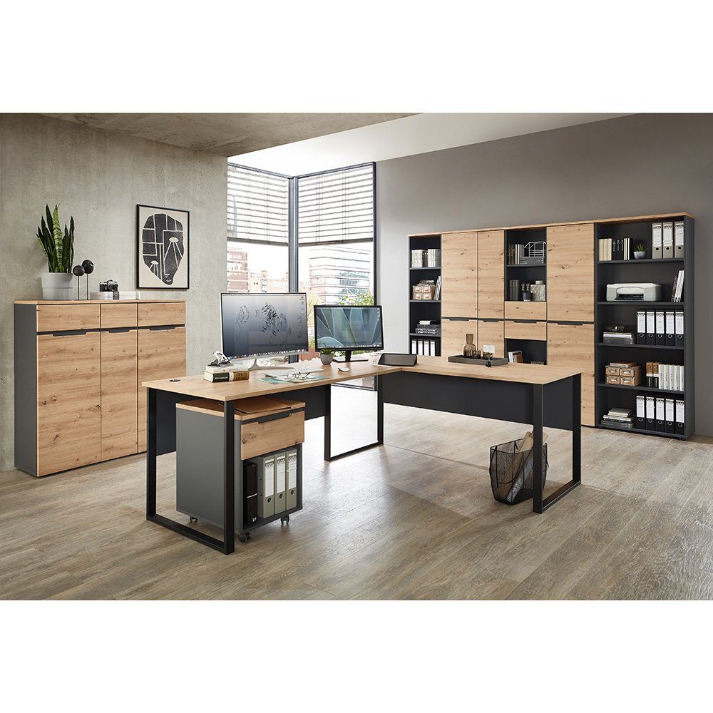 Lomadox Büromöbel-Set MANRESA-36, (Spar-Set, 9-tlg., 9-tlg), mit Winkelschreibtisch, graphit mit Eiche