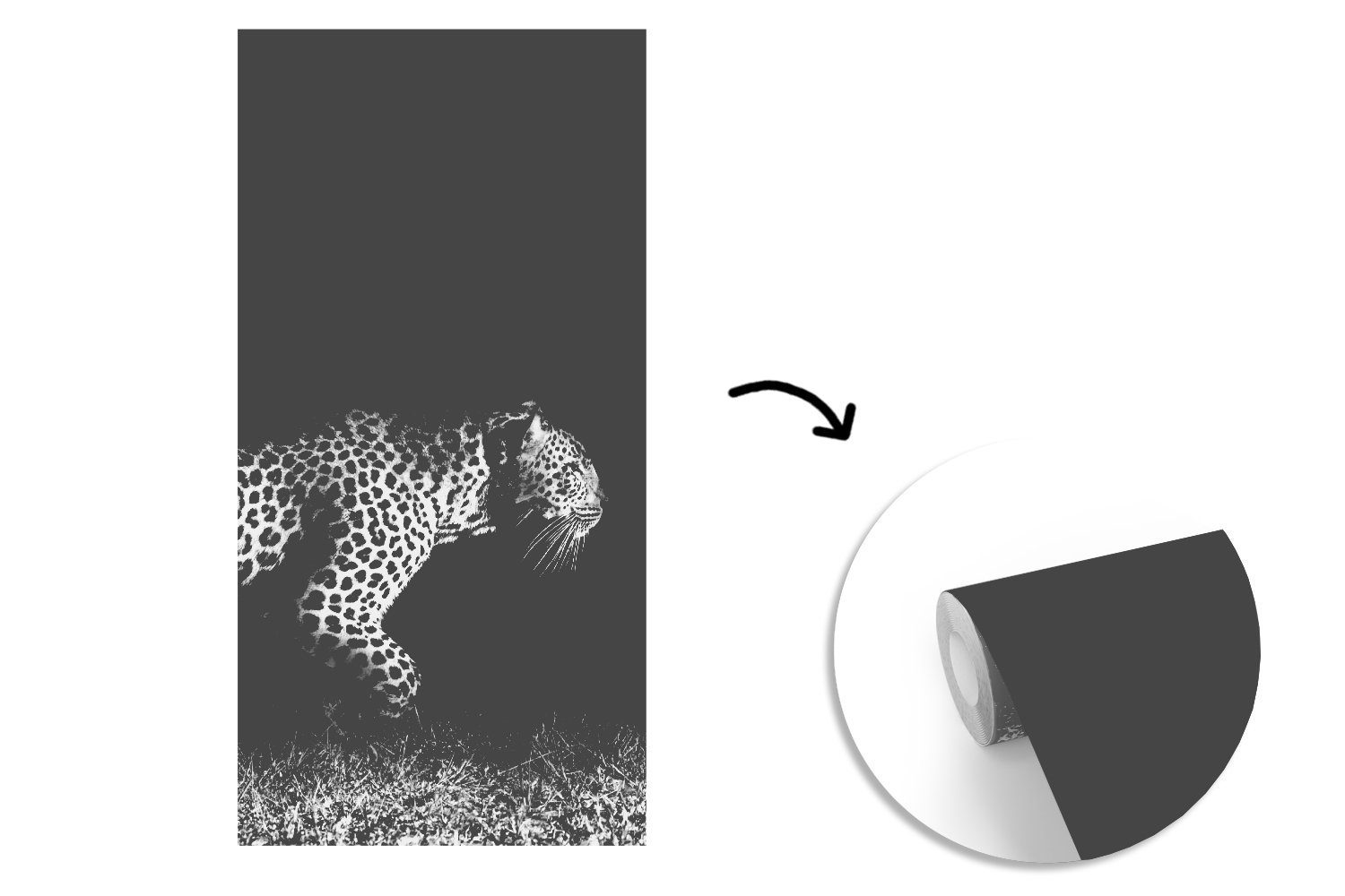 - Leopard Wohnzimmer Fototapete Schlafzimmer für Schwarz Gras Weiß, - bedruckt, MuchoWow Küche, - Wildtiere Fototapete St), Matt, - (2 Vliestapete