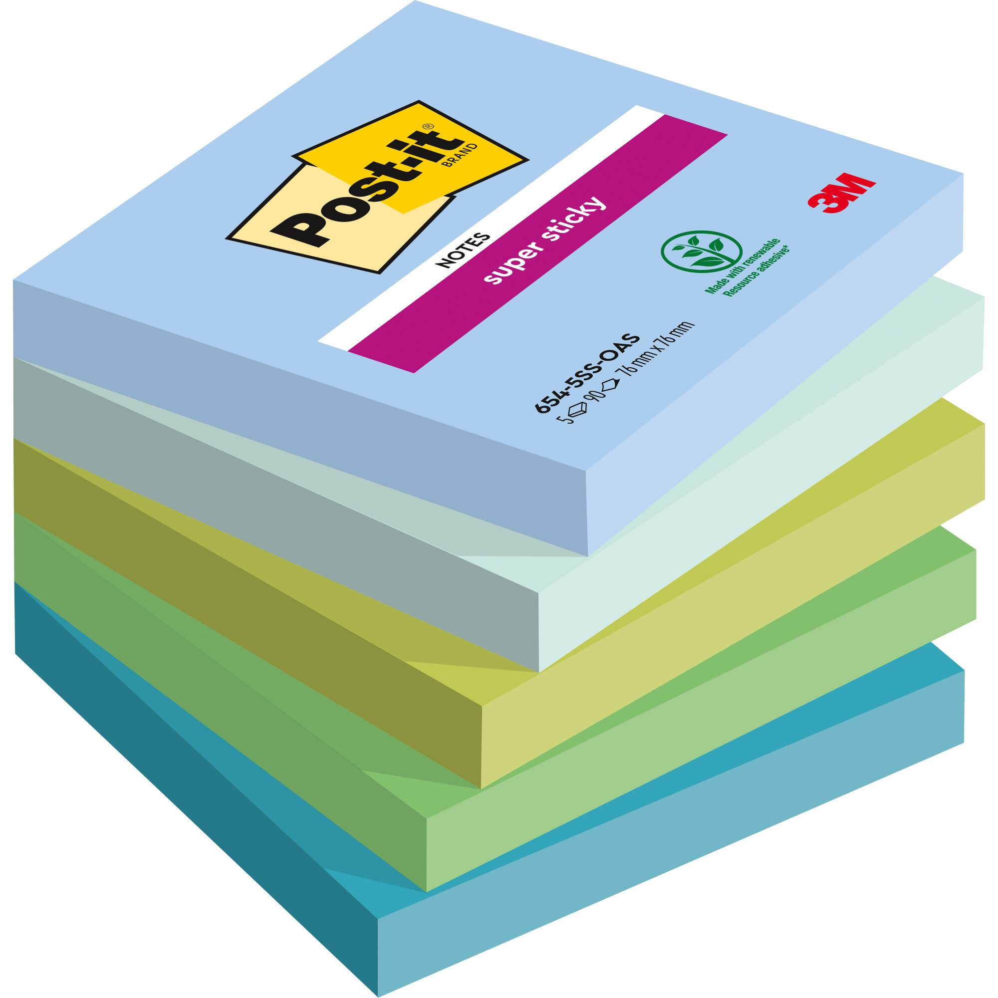 Haftnotizblock Haftnotiz 654-5SS-OAS 76x76mm sortiert 5x90 Blatt.