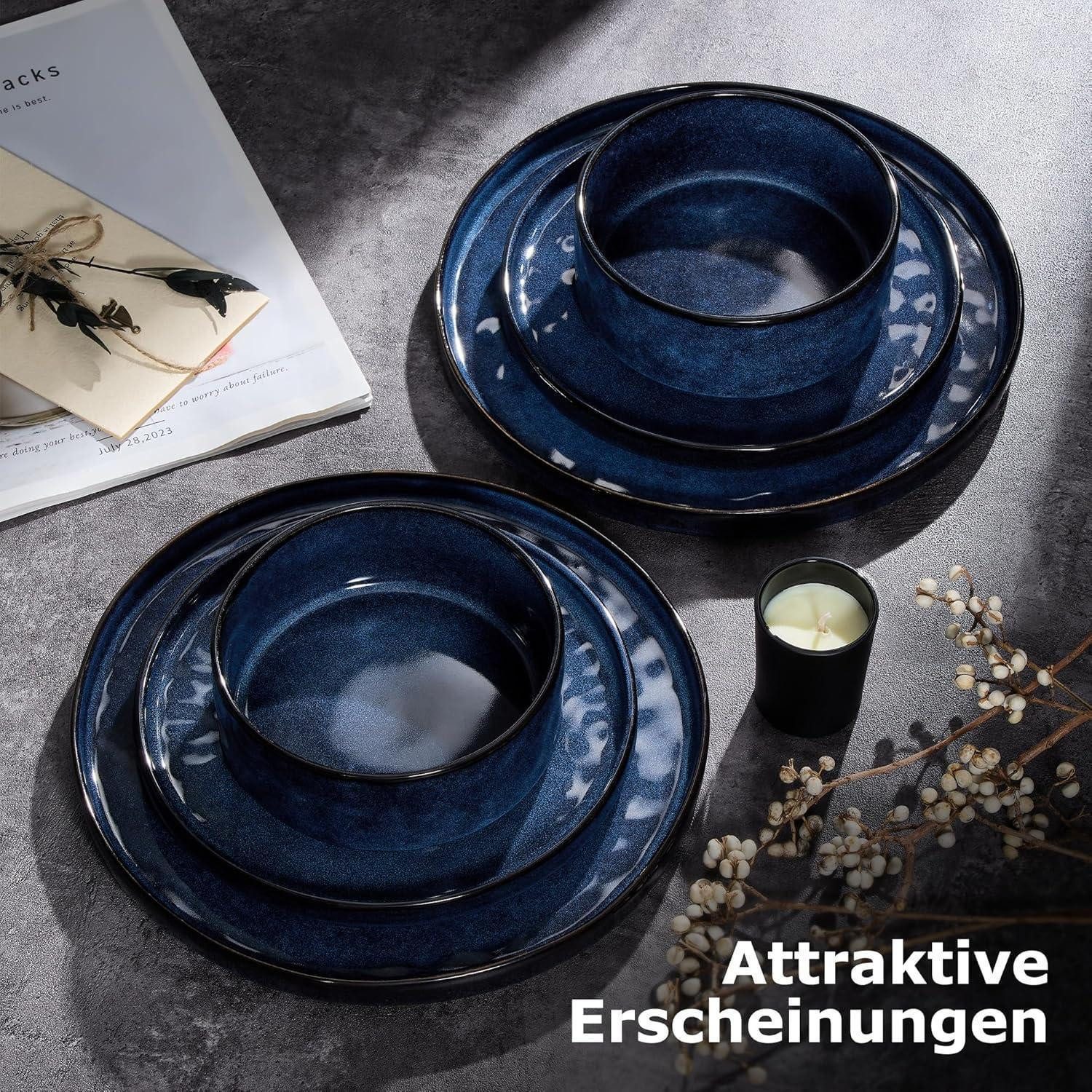 LuxusKollektion Salatbesteck Geschirrset 18teilig Steinzeug Tafelservice 6Personen Galaktisch Blau