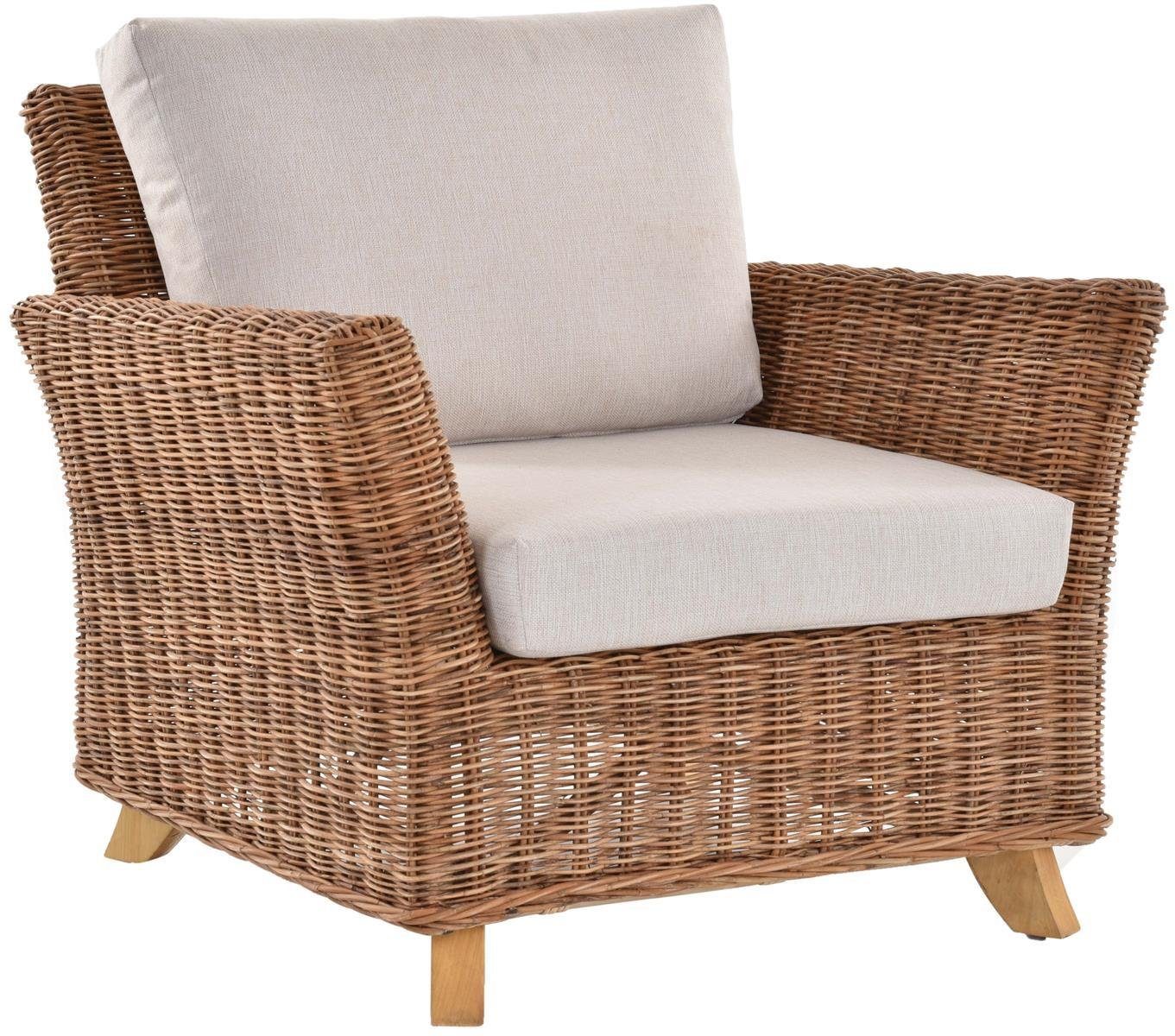 Krines Home Loungesessel Wintergarten Sessel Valencia Natur Rattan Wohnzimmer Rattansessel, Breite Armlehnen