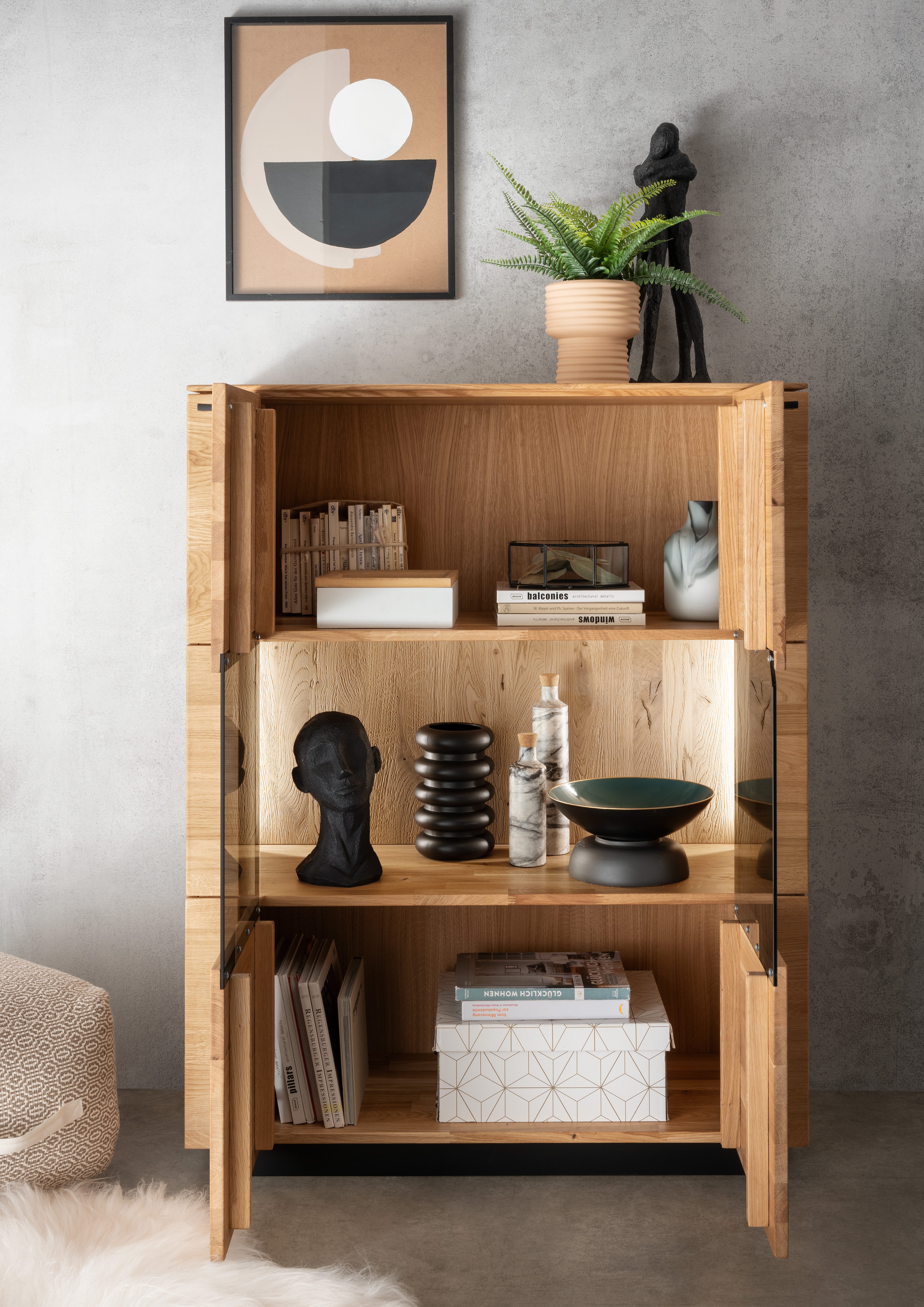 Woodroom Highboard Zwettl (Wildeiche massiv geölt), Maße 99x127x42, Kommode, Schrank mit Glastür, massiv