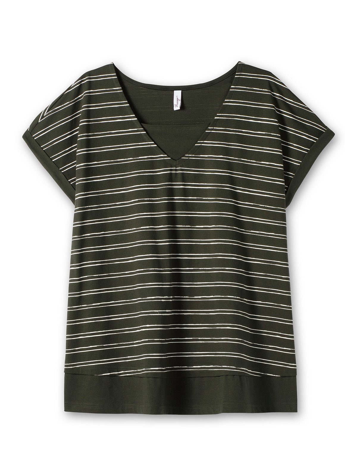 Sheego T-Shirt reiner Baumwolle Große dunkeloliv aus Lagenlook, Größen gestreift im