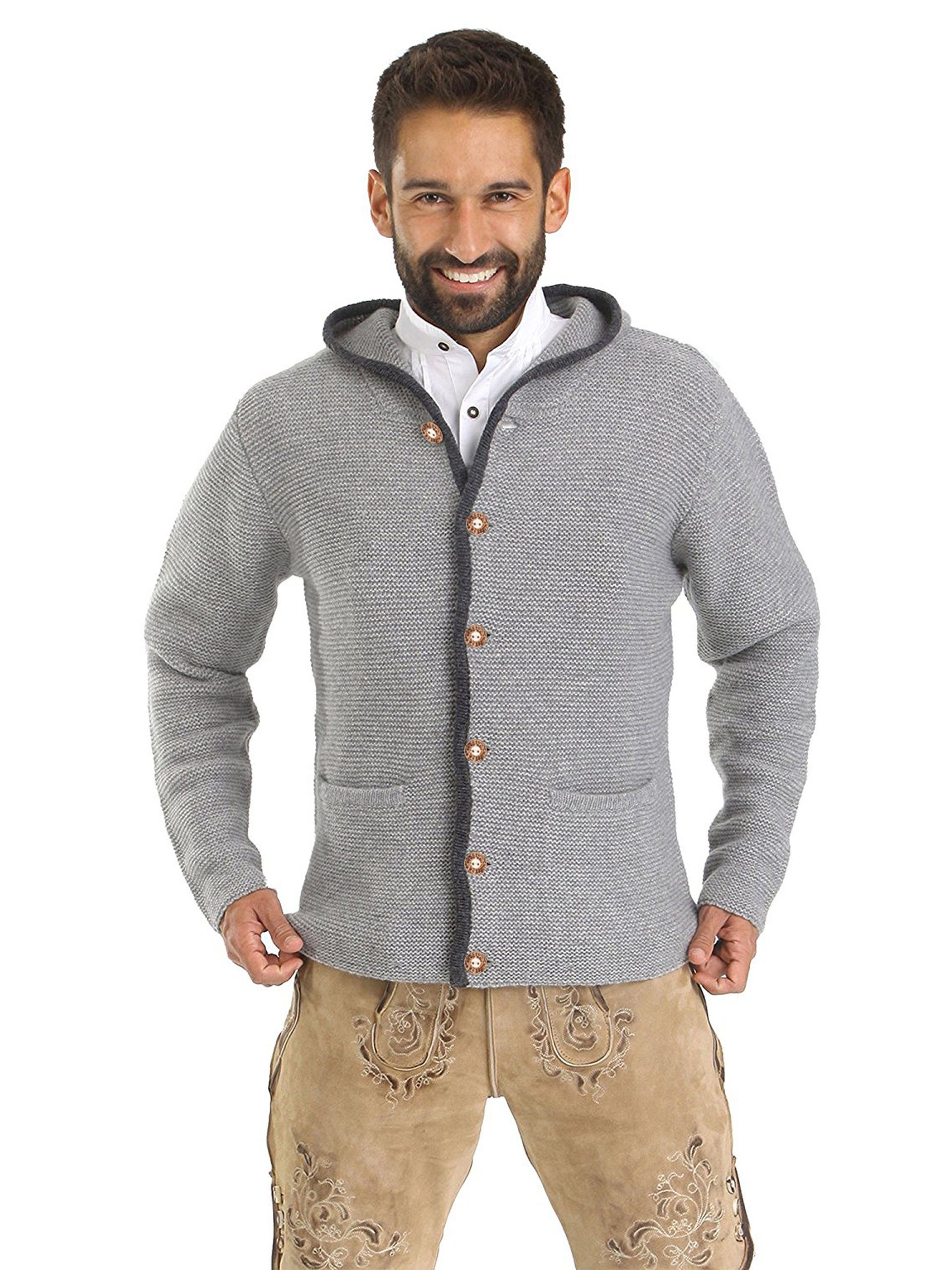 Almbock Trachtenstrickjacke Strickjacke Bavaria (1-tlg) grau mit Kapuze