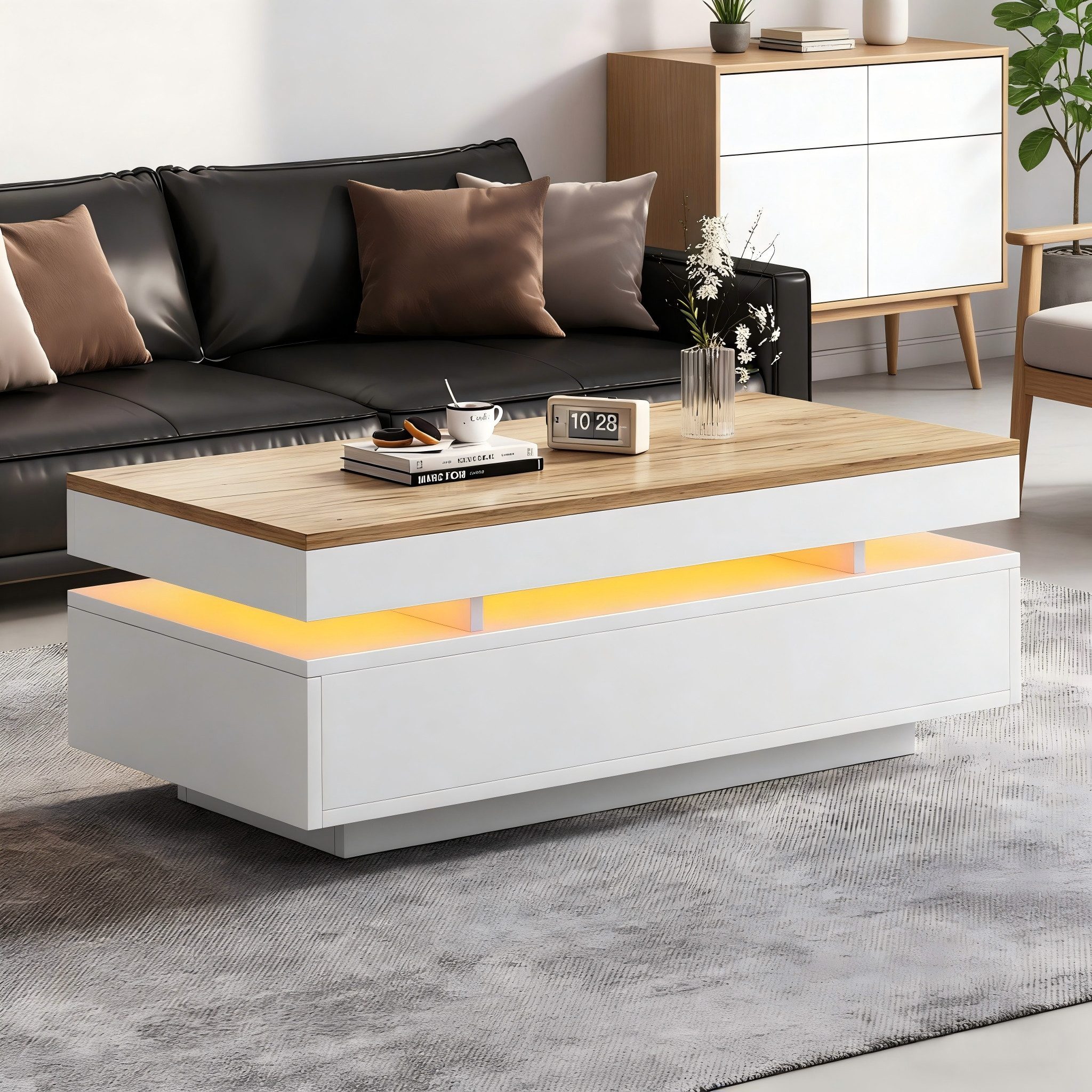 MODFU Couchtisch Hochglanz-Wohnzimmertisch mit LED & 2 Schubladen (Packung, 1-St., 100x35x50 cm, Weiß/Holzton), Moderner Beistelltisch, vielseitig nutzbar