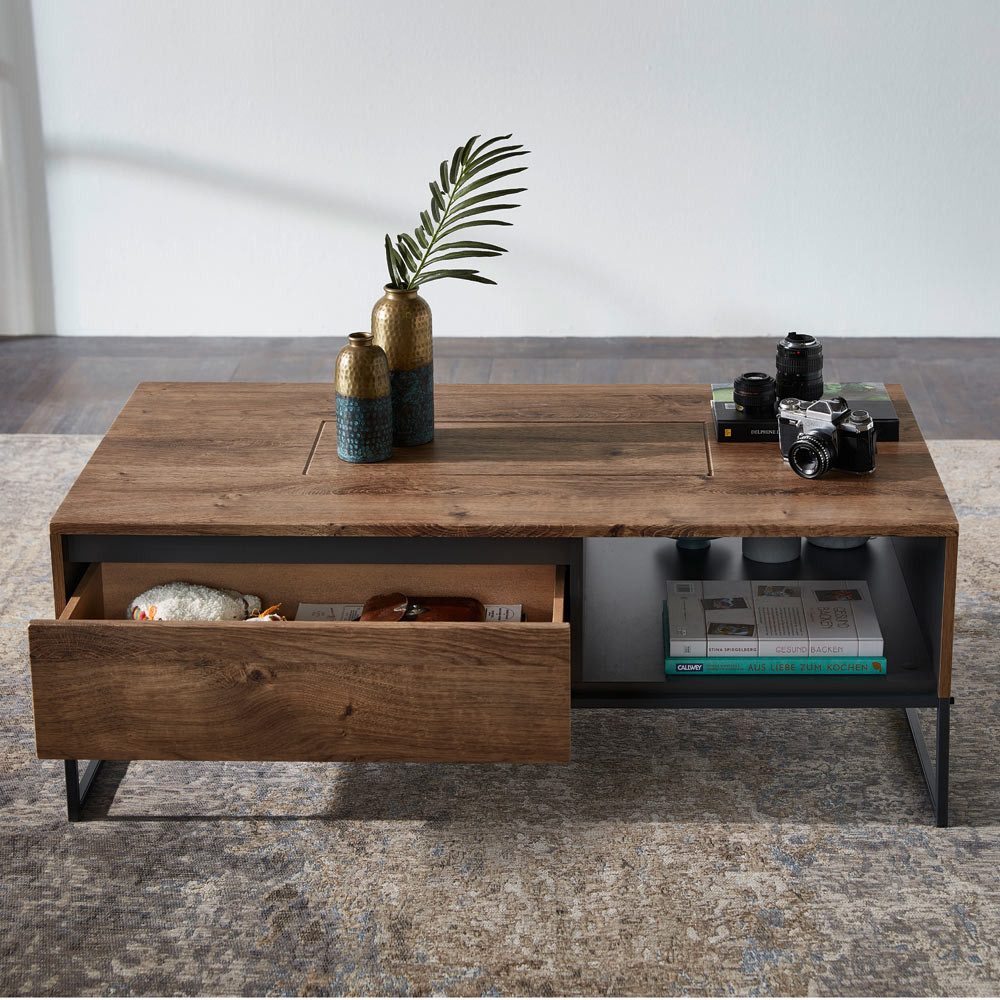 Lomadox Couchtisch MINNEAPOLIS-55, Haveleiche Cognac mit graphit im Industrial-Design 115/42/65cm