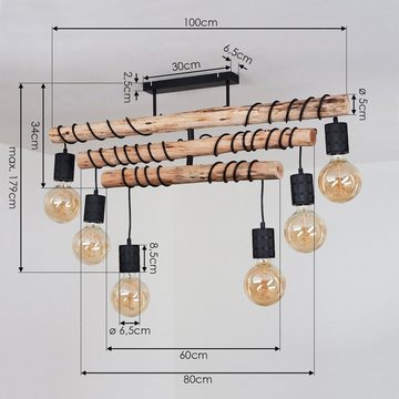 hofstein Deckenleuchte »Vigo« 6-flammige Hängelampe aus Metall und Holz in Schwarz und Natur, ohne Leuchtmittel, Vintage Design, Höhe der Leuchtköpfe und Balken verstellbar, 6xE27