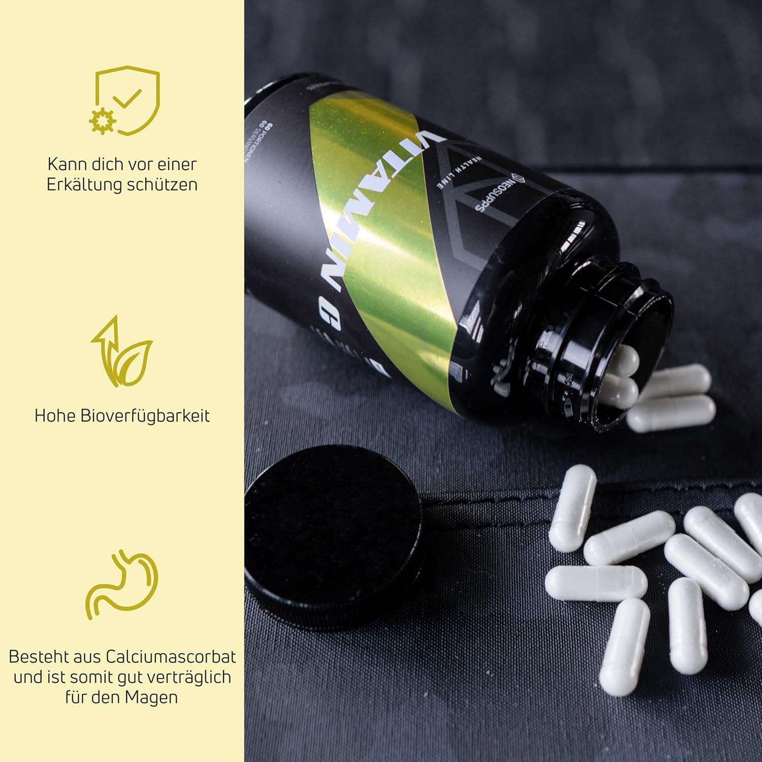 Neosupps Vitamin C hochdosiert,120 Kapseln, Vegan, 1000 mg pro Tagesdosis Kapseln, Antioxidans, Zellschutz, unterstützt Eisenaufnahme & Kollagenbildung