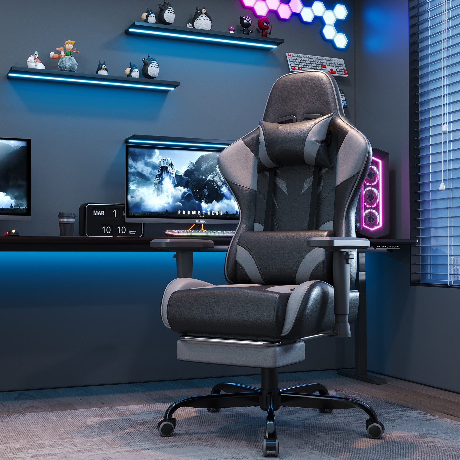 HOMALL Gaming-Stuhl Massage Gaming Stuhl mit Fußstütze 90-135° Rückenlehne einstellbar (Bürostuhl Ergonomisch,Verstellbarem Lenden- & Kopfkissen,mit Fußstütze), Ergonomischer Bürostuhl,Kopfstütze und Lendenstütze