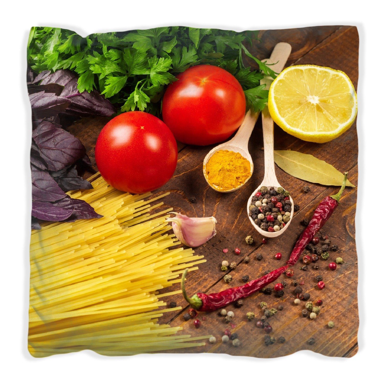 Gewürzen, Tomaten, Spaghetti, Dekokissen handgenäht Italienisches mit und Menü Wallario Basilikum