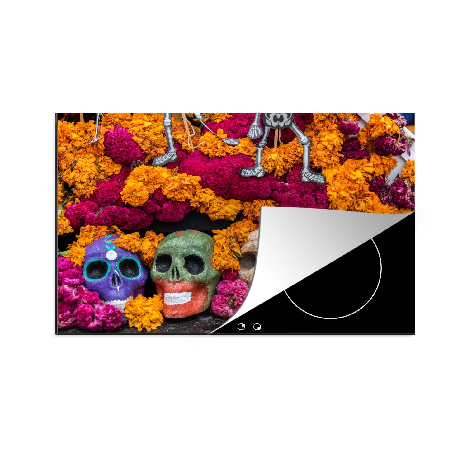 MuchoWow Herdblende-/Abdeckplatte Verzierte Totenköpfe zwischen Blumen, Vinyl, (1 tlg), 81x52 cm, Induktionskochfeld Schutz für die küche, Ceranfeldabdeckung