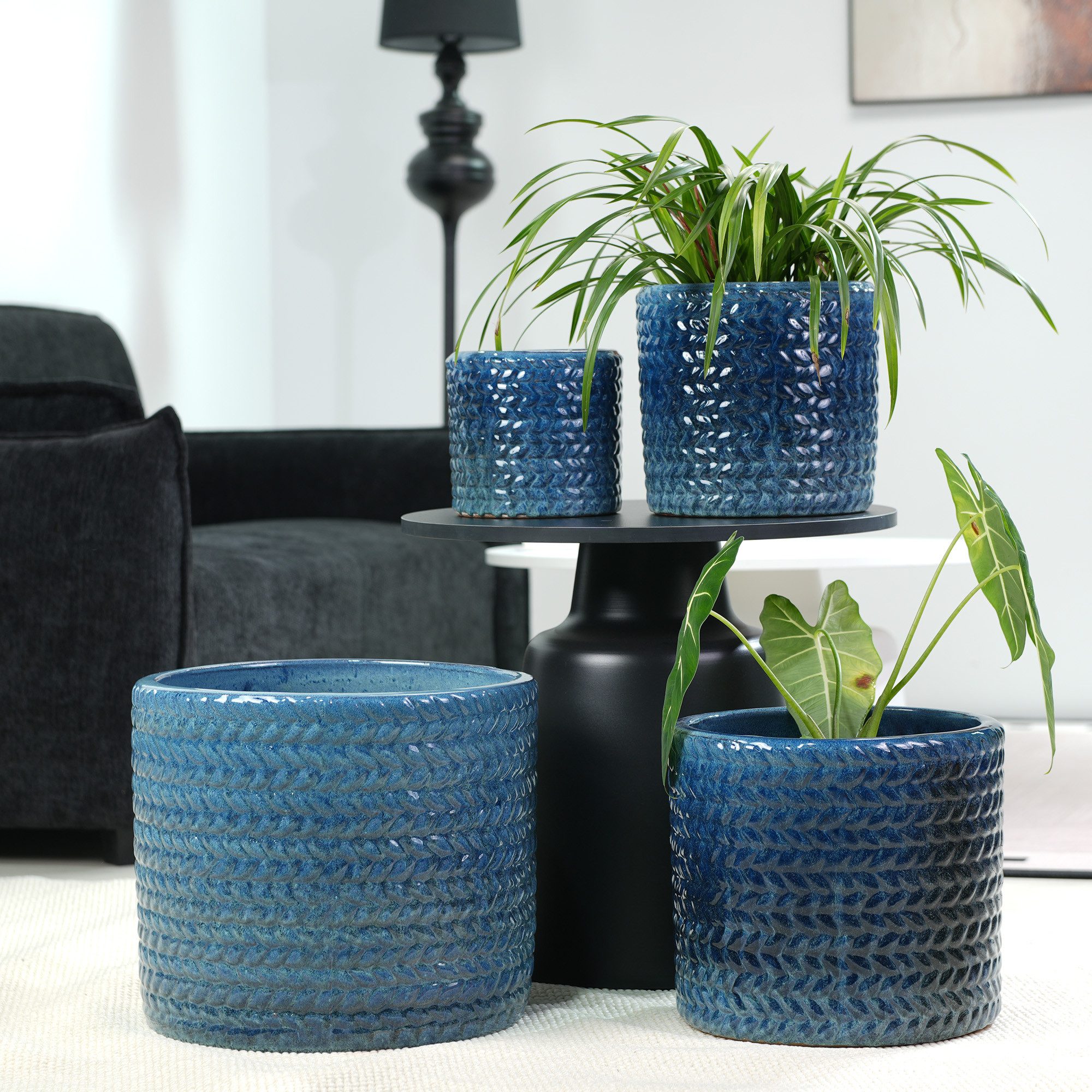Odikalo Blumentopf Handgefertigter Keramik Pflanztopf-Set mit rundem Fischgrät-Relief (mit Ablauflöchern für Innen, Ø37/31/24,5/17,5 cm atmungsaktiv, frostsicher, glänzendesBalkon und Garten)
