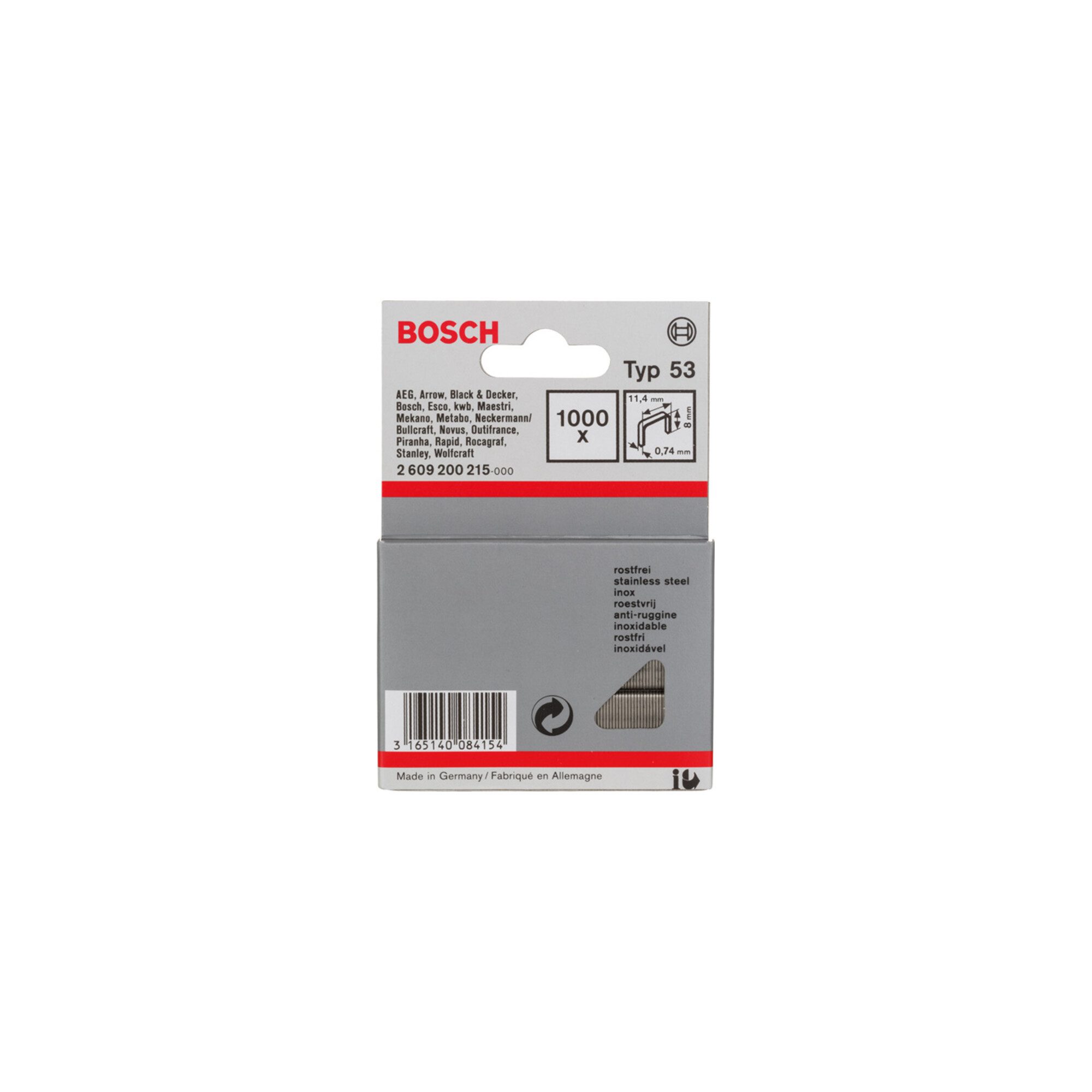 Bosch Professional Zubehör-Set Bosch Feindrahtklammer Typ 53, 11,4 x 0,74 x 8 mm, aus rostfreiem Stah