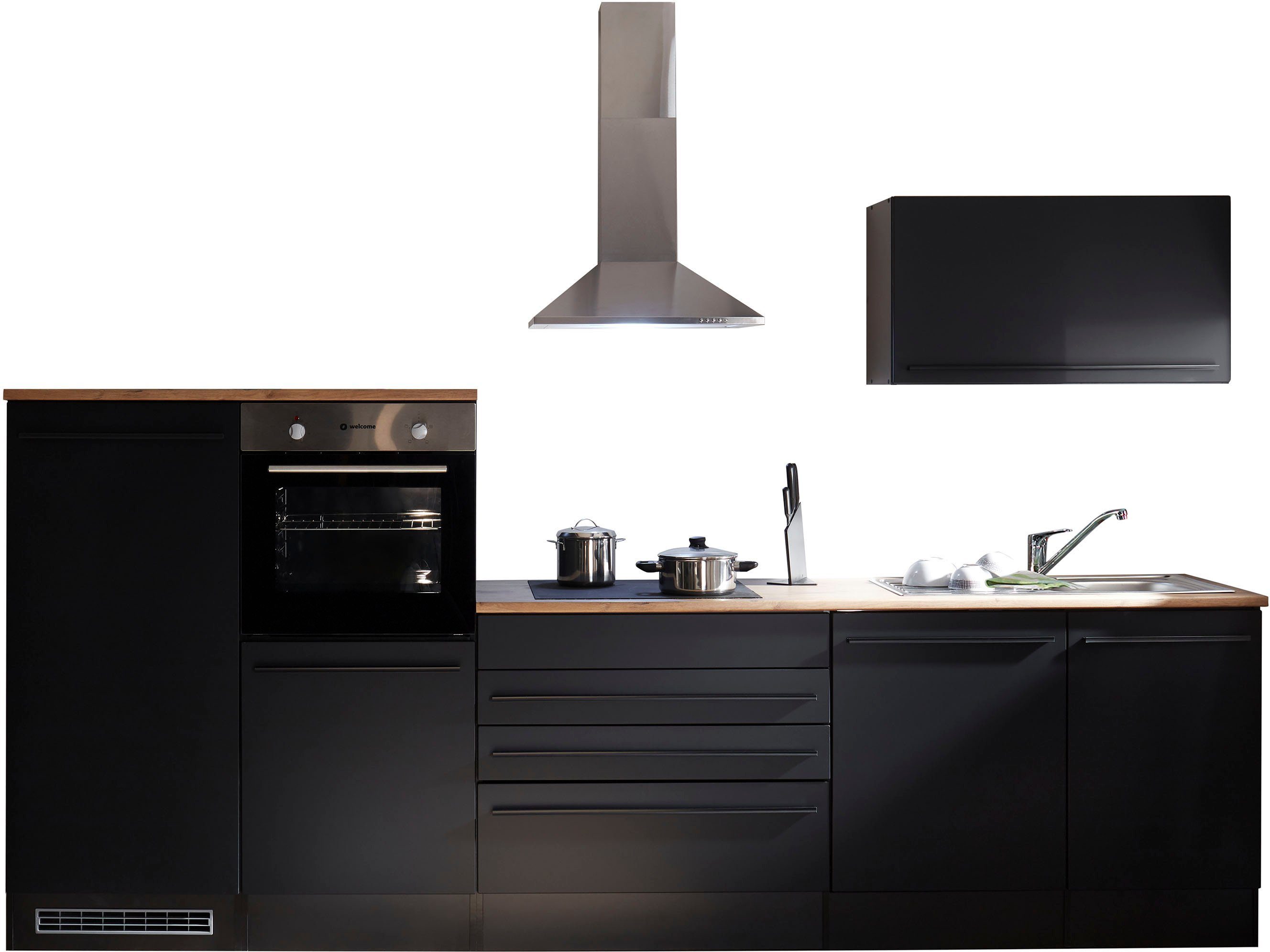 | Küchenzeile BASIC Breite schwarz MDF eiche by matt/schwarz Jazz, Balculina matt schwarz matt 320 mit cm, wahlweise MDF-lanzelot E-Geräten