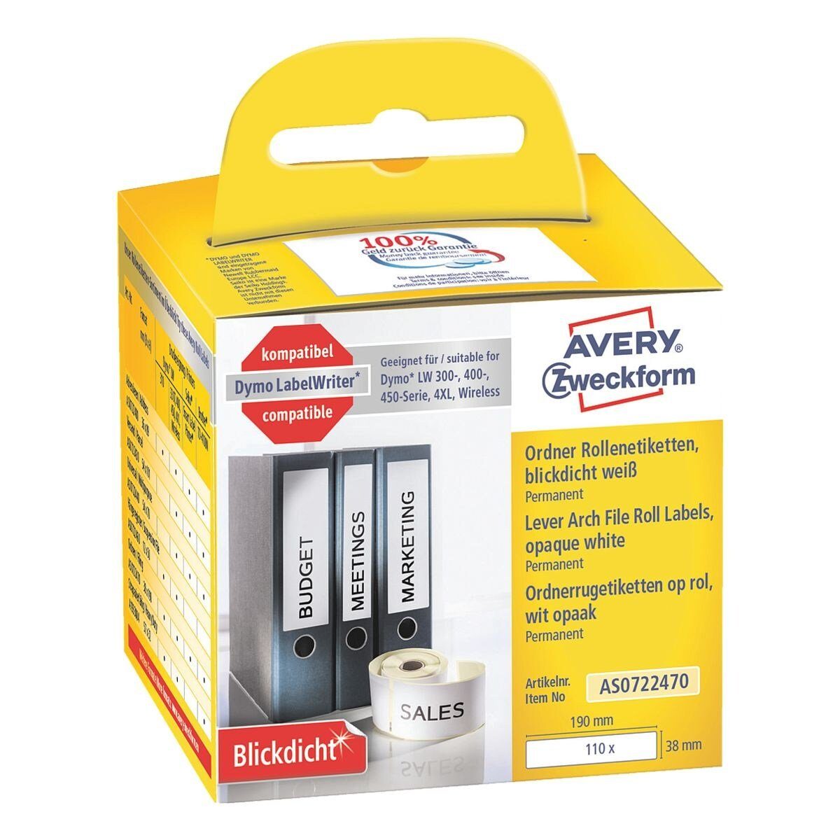 Avery Zweckform Thermorolle AS0722470, entspricht DYMO® S0722470, 110 Ordner-Etiketten 38/190 mm, blickdicht