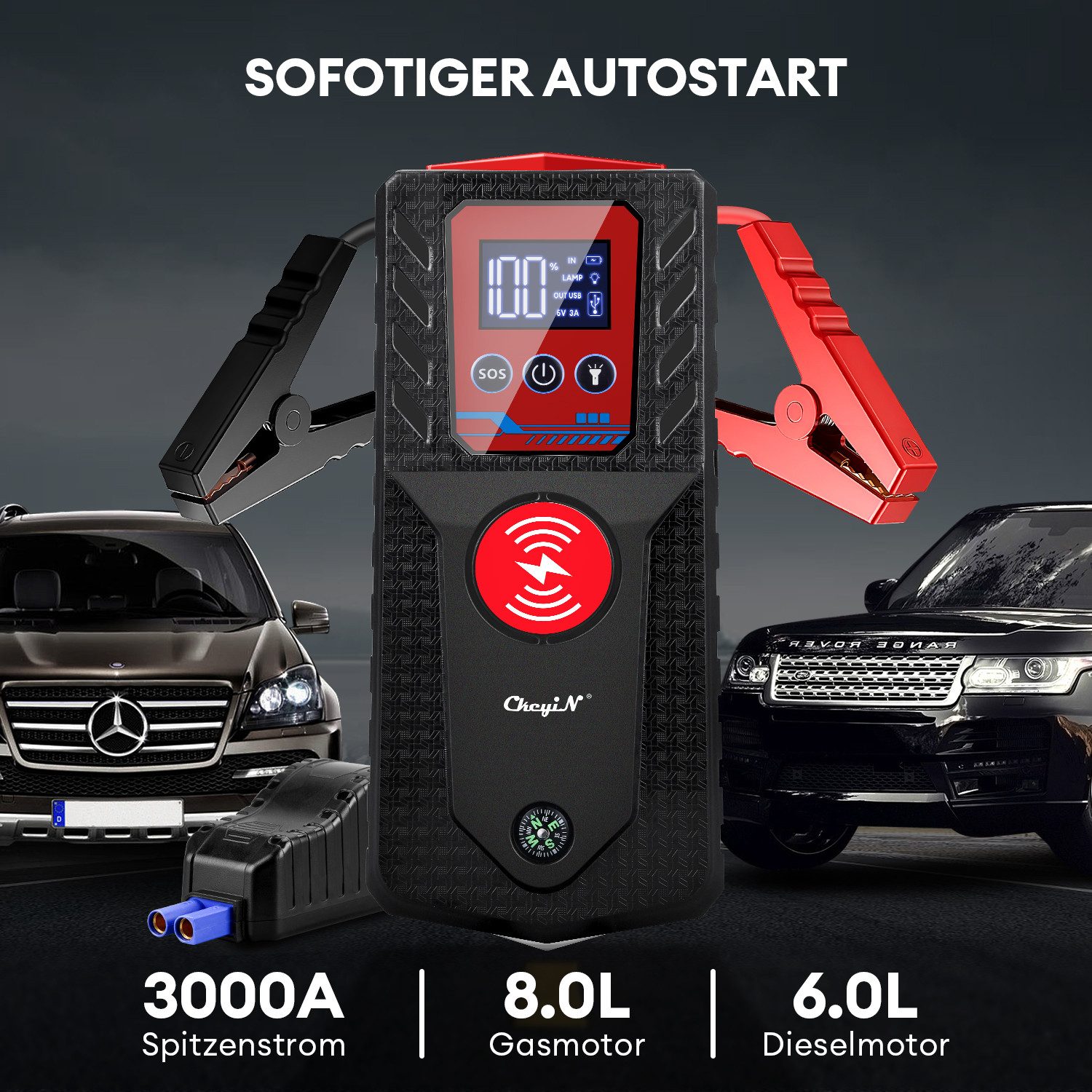 CkeyiN Auto Starthilfegerät 3000 A Starthilfegerät 12000 mAh (12 V), (bis zu 8 L Benzin/7 L Diesel) Mit LED-Licht